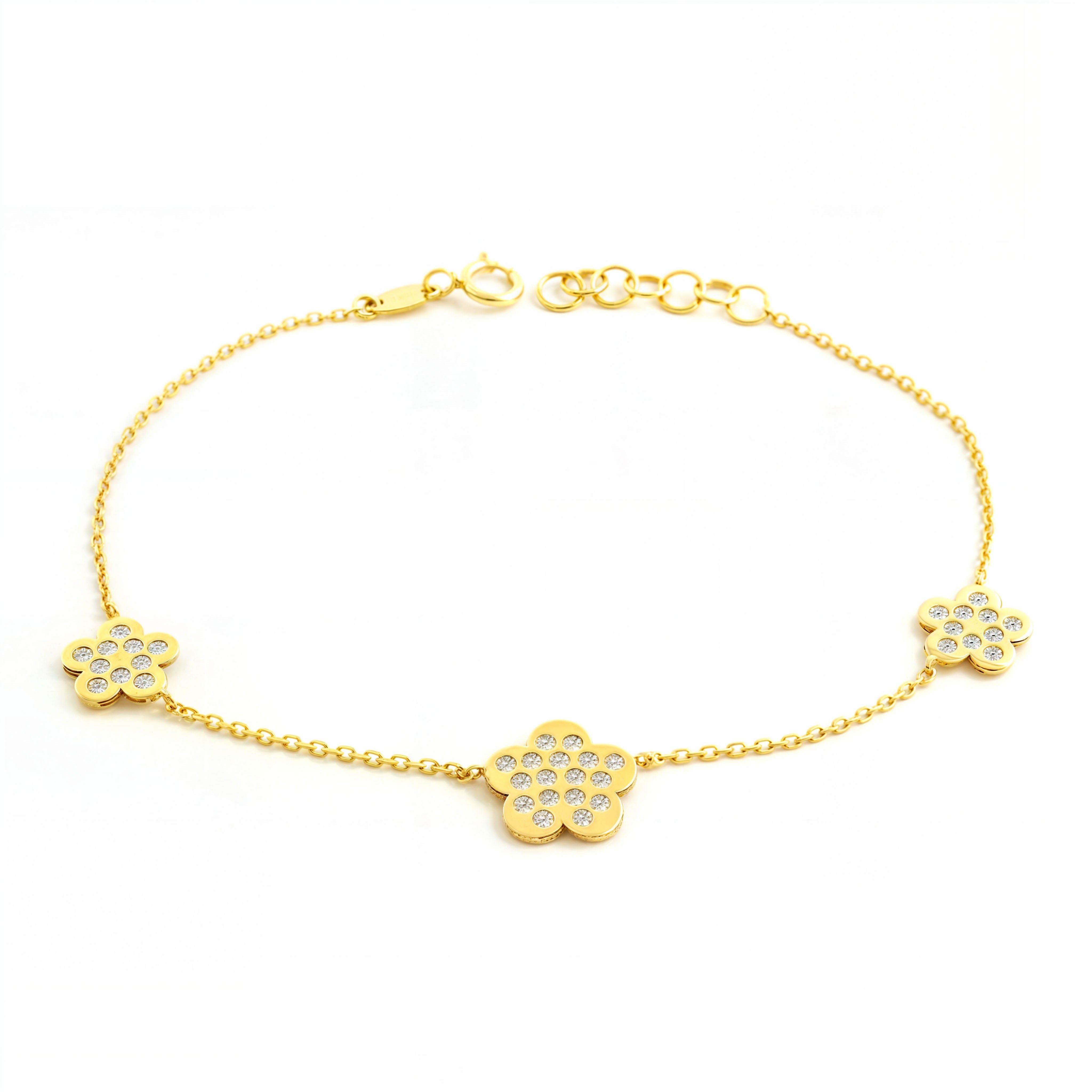 Women's-Girls 9K Yellow Gold Daisy Flower Zirconia Shine Bracelet 18 cm