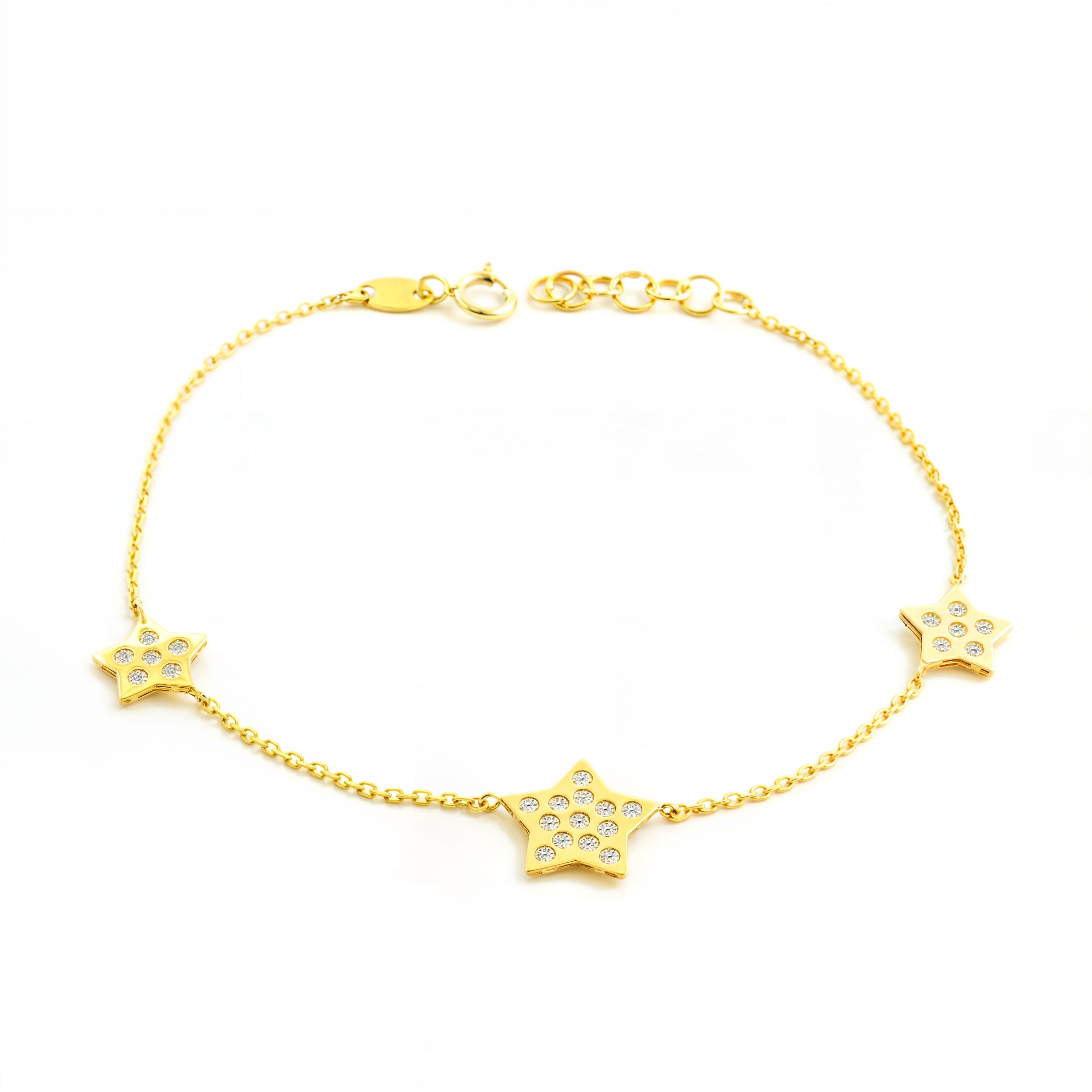 Women's-Girls' Bracelet in 9K Yellow Gold with Shiny Zirconia Stars, 18 cm