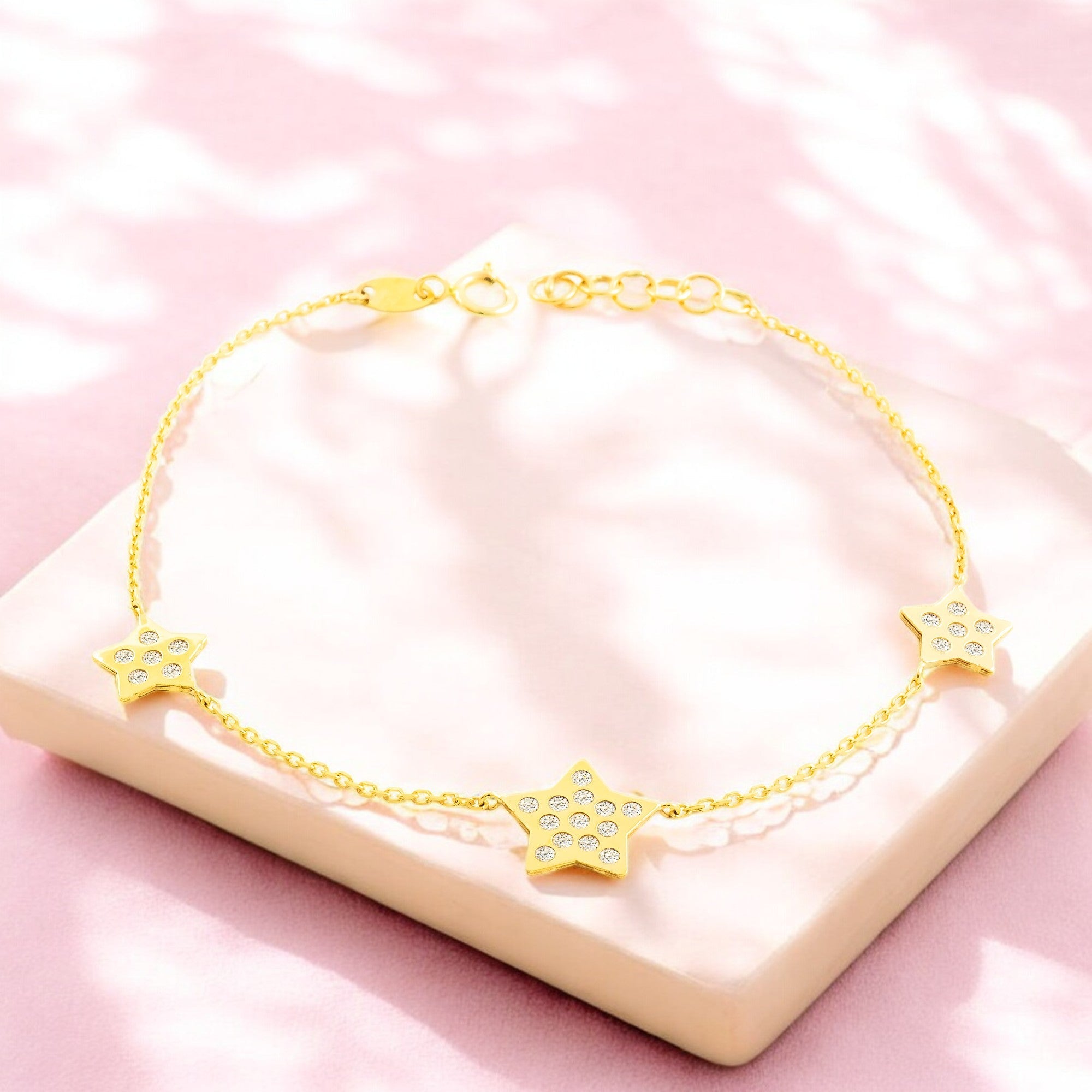 Women's-Girls' Bracelet in 9K Yellow Gold with Shiny Zirconia Stars, 18 cm