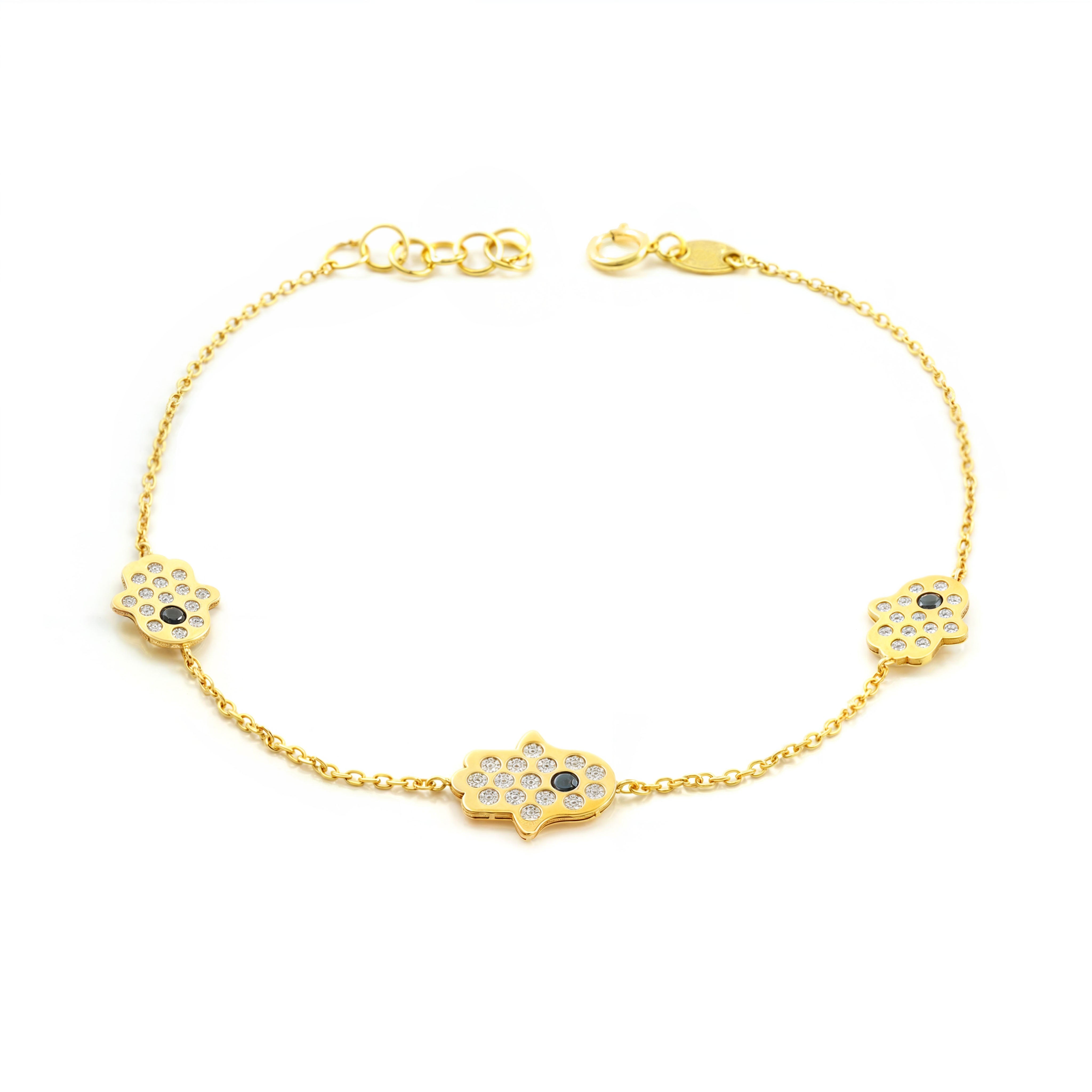 Women's-Girls Bracelet 9K Yellow Gold Fatima Hand Zirconia Shine 18 cm