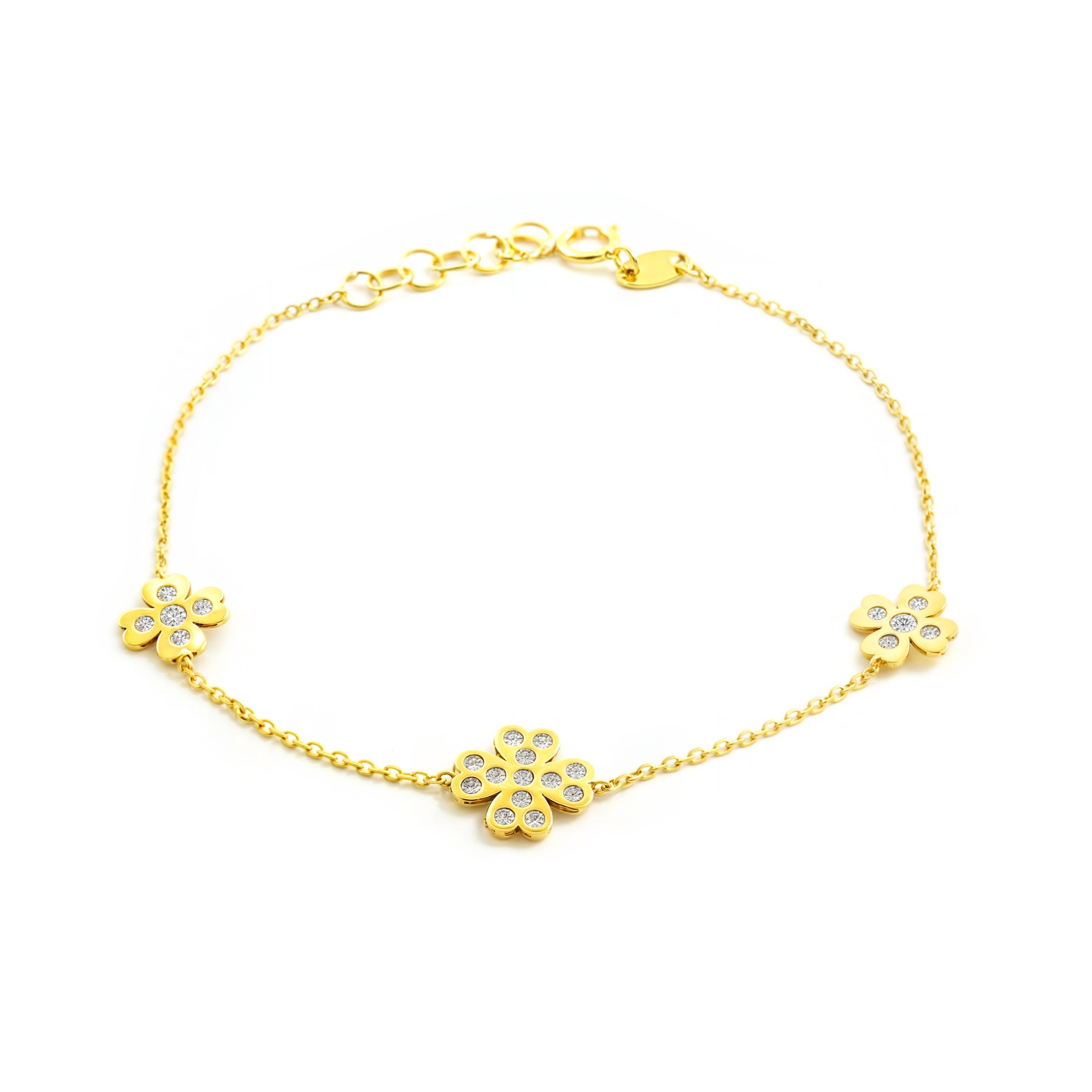 Women's-Girls 9K Yellow Gold Clover Zirconia Shine Bracelet 18 cm