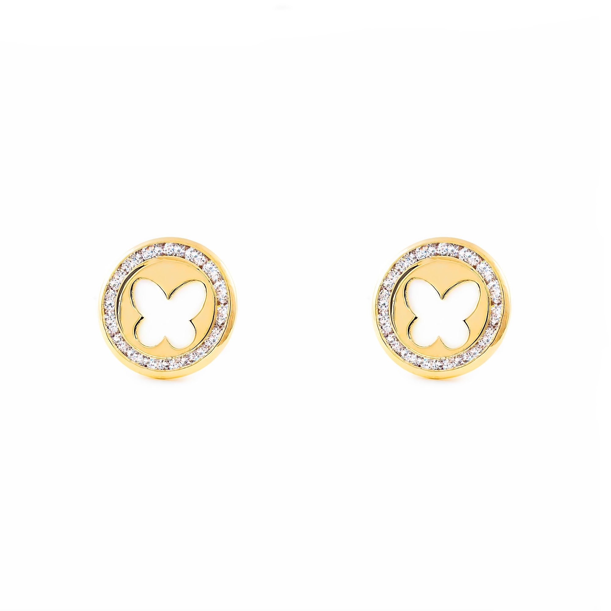 Pendientes Mujer-Niña Oro Amarillo 9K Nacar Mariposa Circonita Brillo