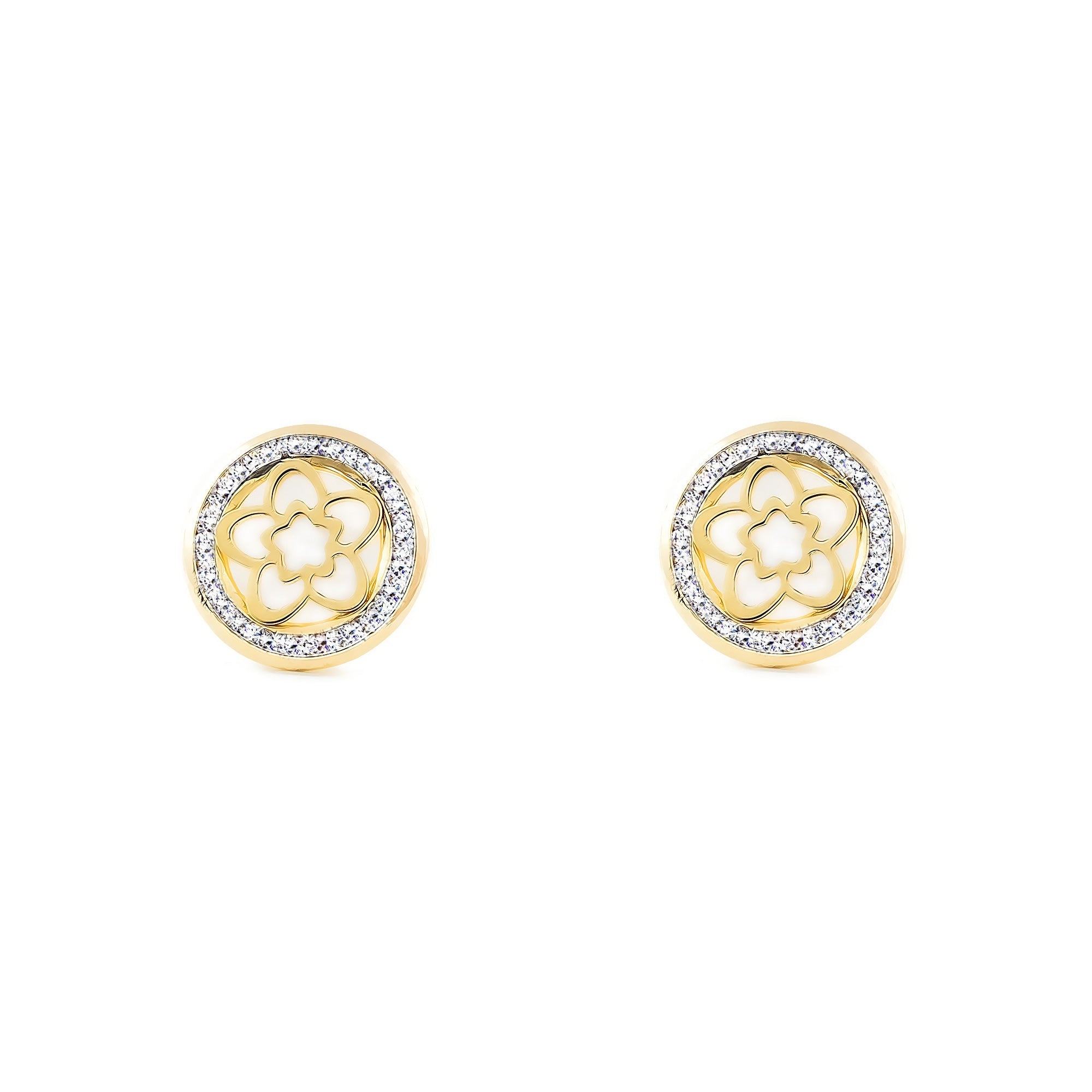 Pendientes Mujer-Niña Oro Amarillo 9K Nacar Flor Circonita Brillo