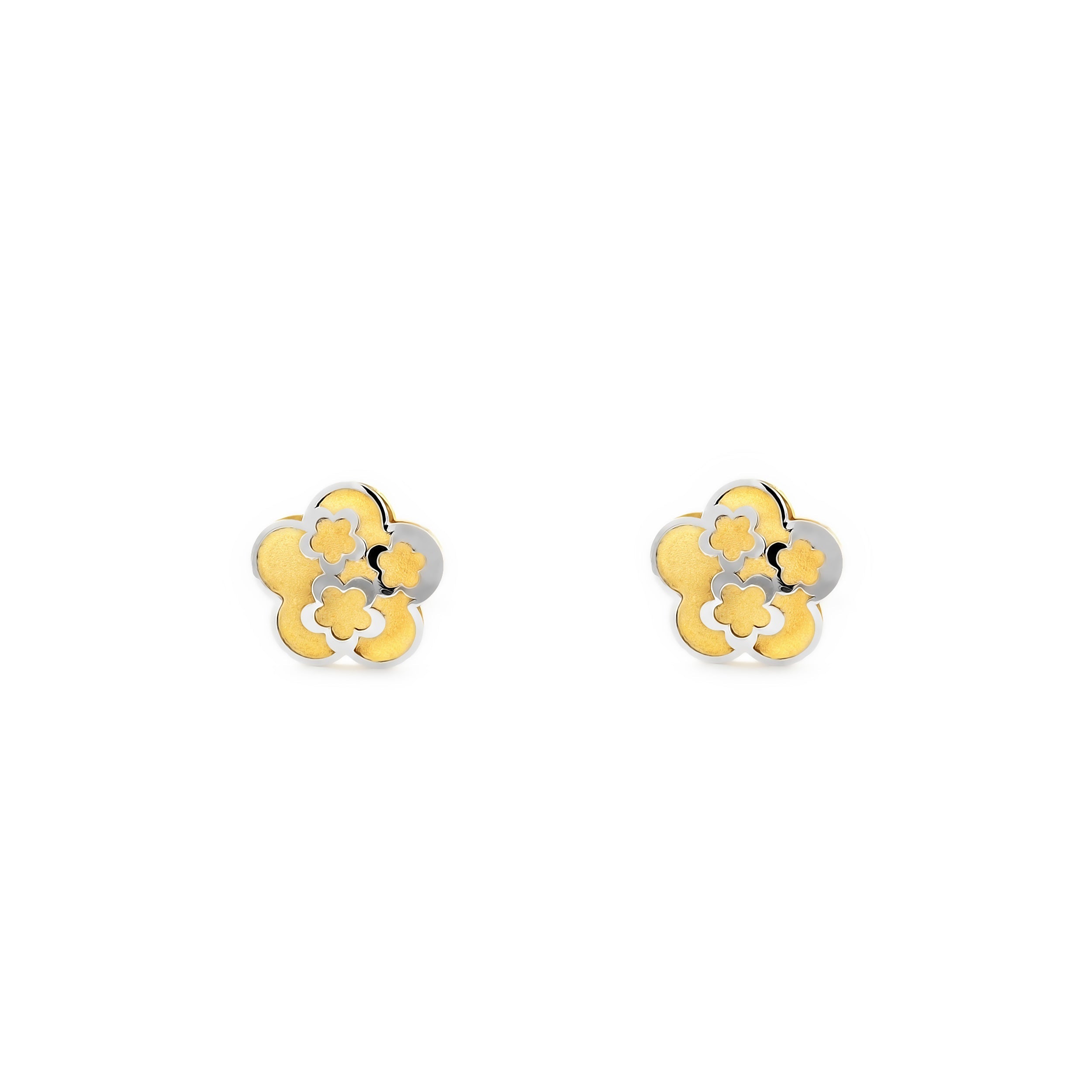 Pendientes Niña Oro Bicolor 18K Liso Flor Margarita Brillo