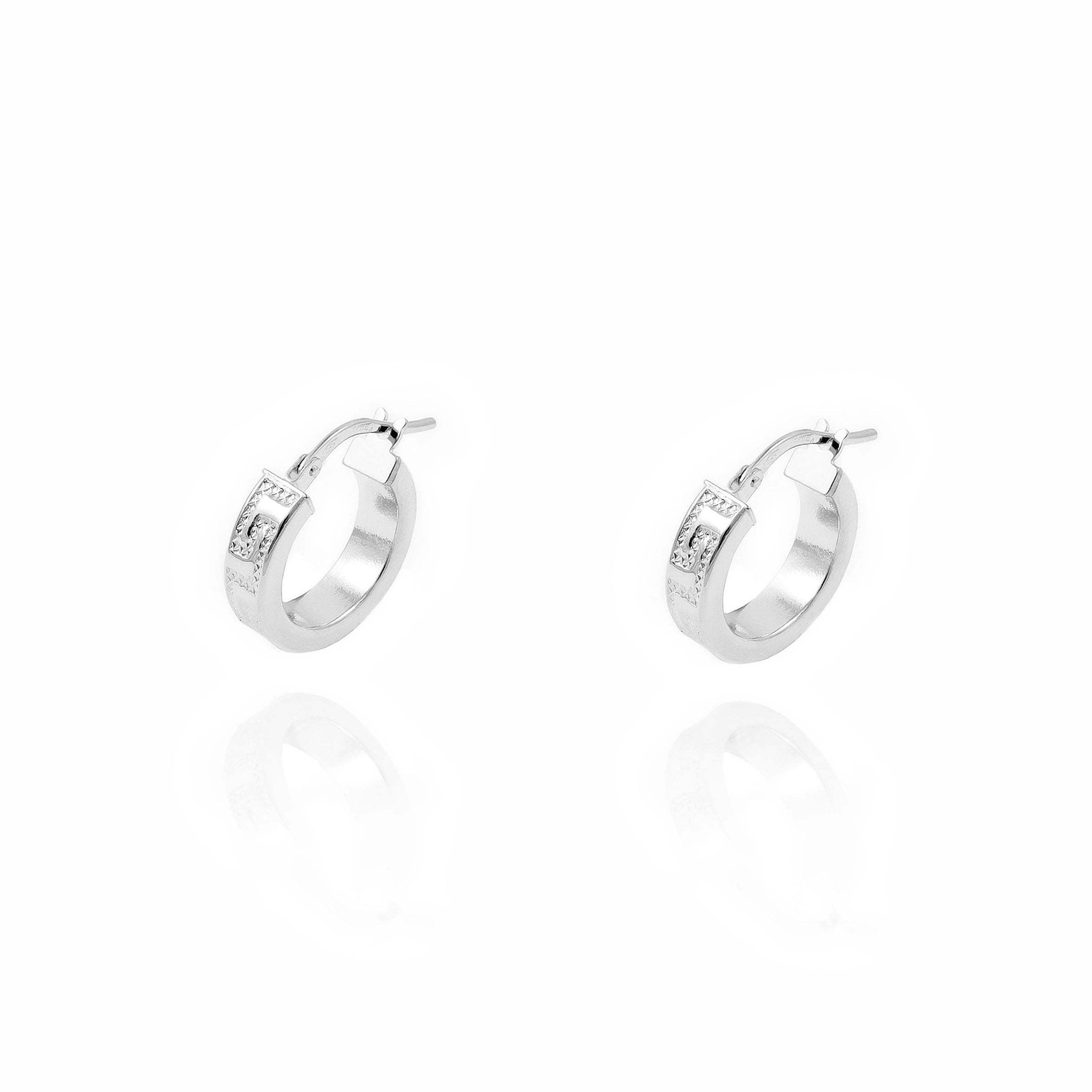 Pendientes Oro Blanco 18K Aros Rectangular Greca 15 x 4 mm