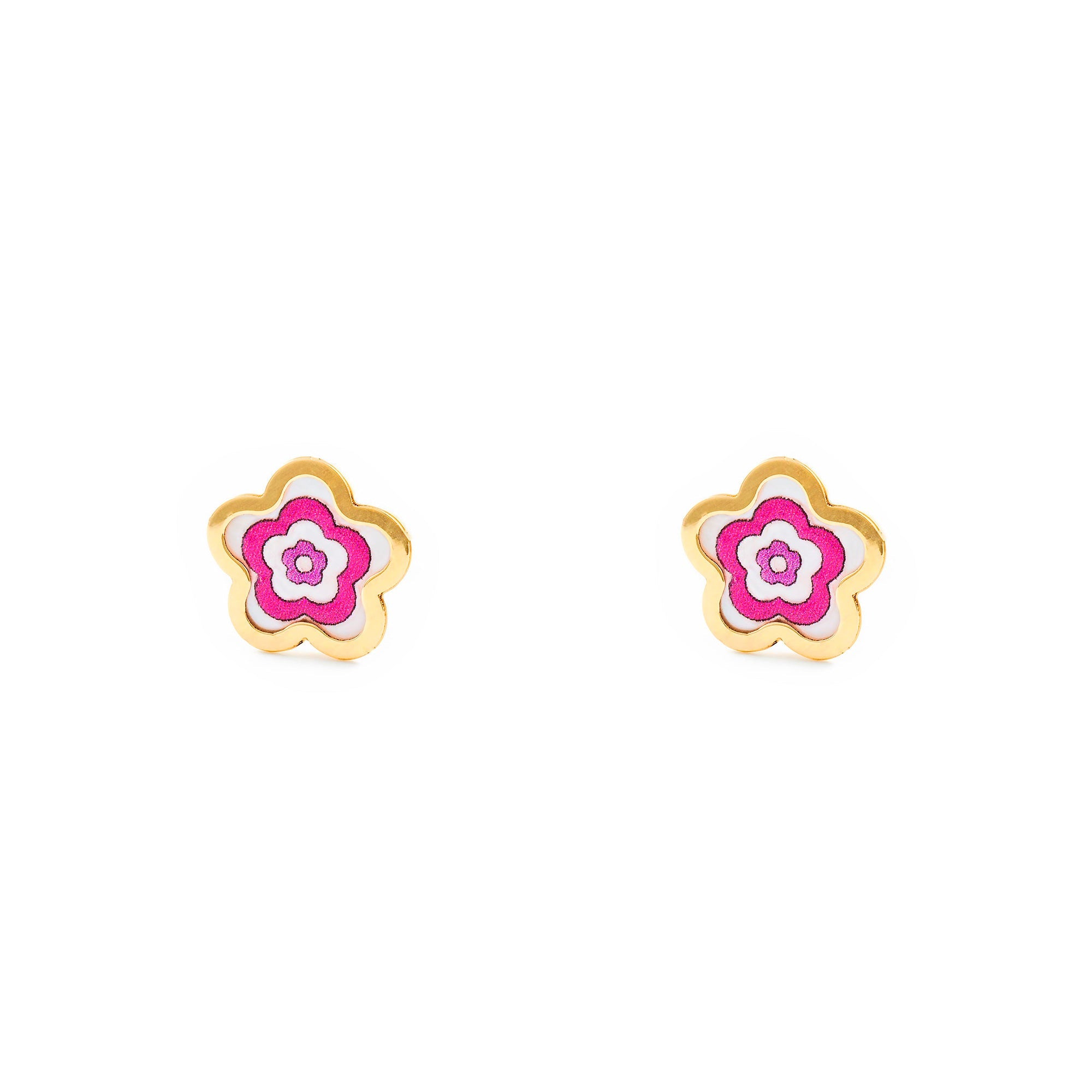Girl's Earrings 9K Yellow Gold Daisy Flower Shiny Pink Enamel