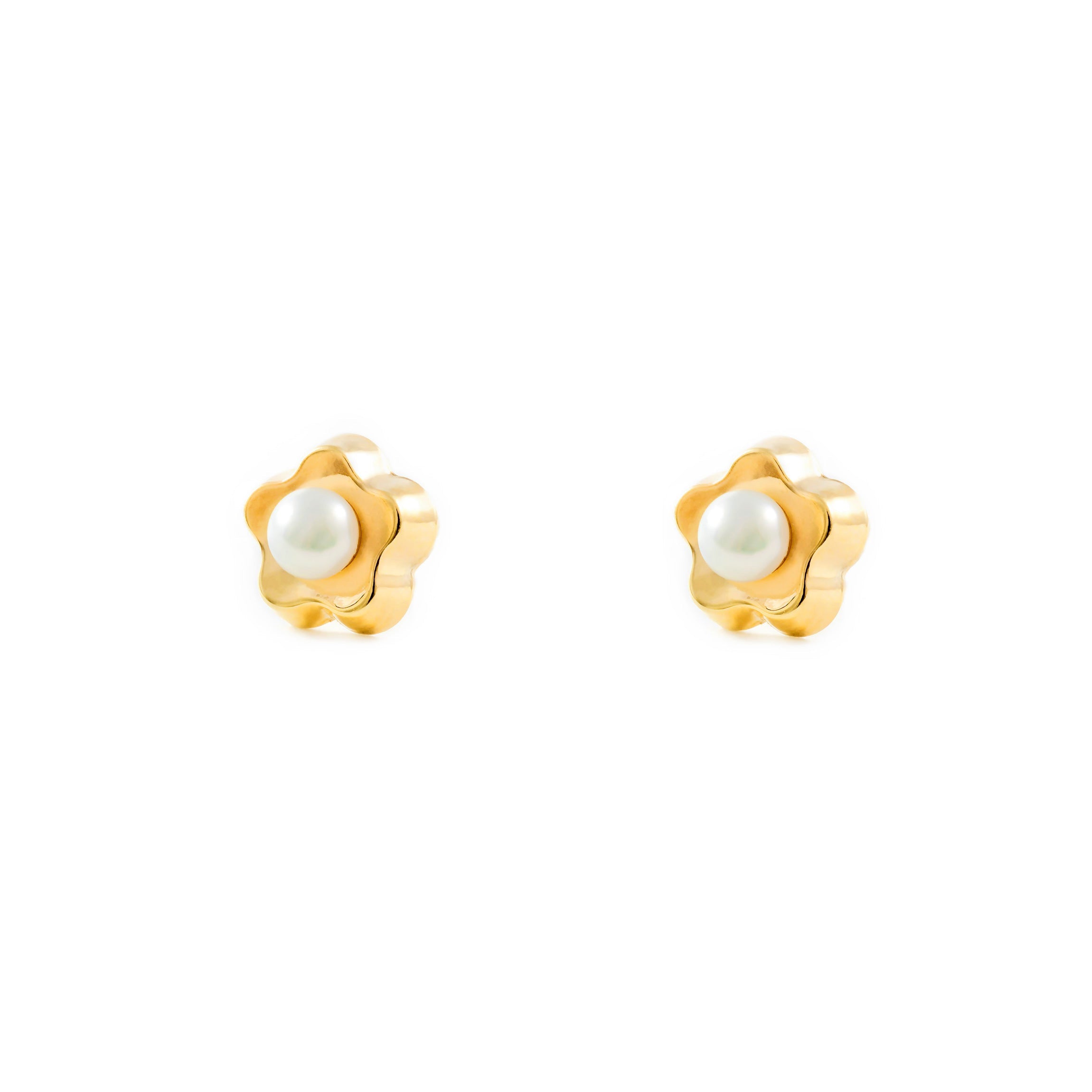 Pendientes Niña Oro Amarillo 9K Perla Botón 3,5 mm Flor Margarita Brillo