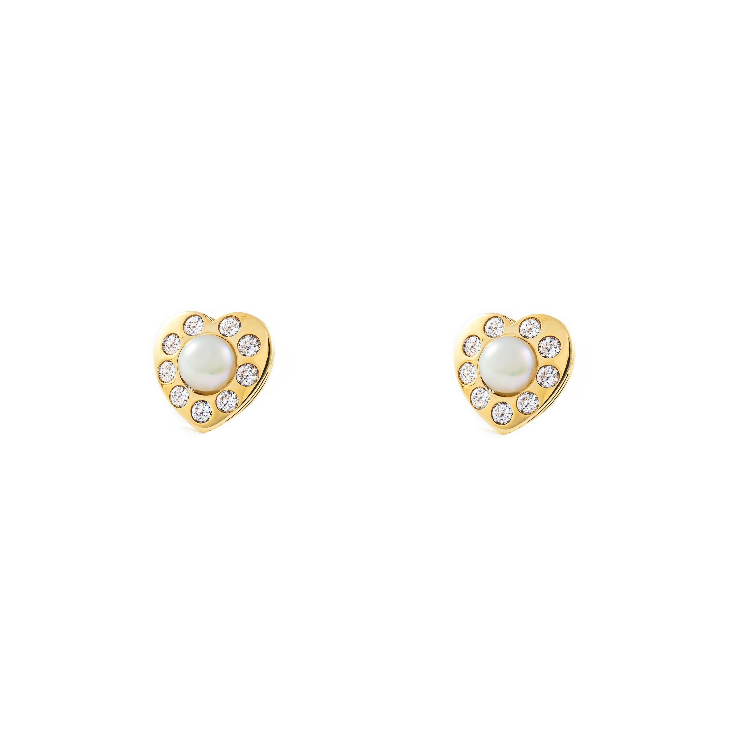 Pendientes Mujer-Niña Oro Amarillo 9K Perla Botón 3,5 mm Corazón Circonitas Brillo