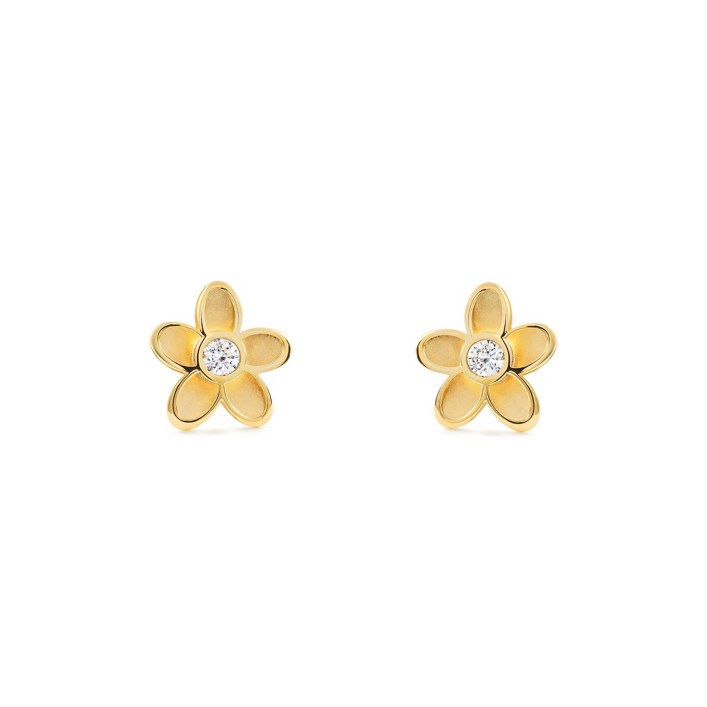 Pendientes Mujer-Niña Oro Amarillo 9K Flor Margarita Circonita Mate y Brillo