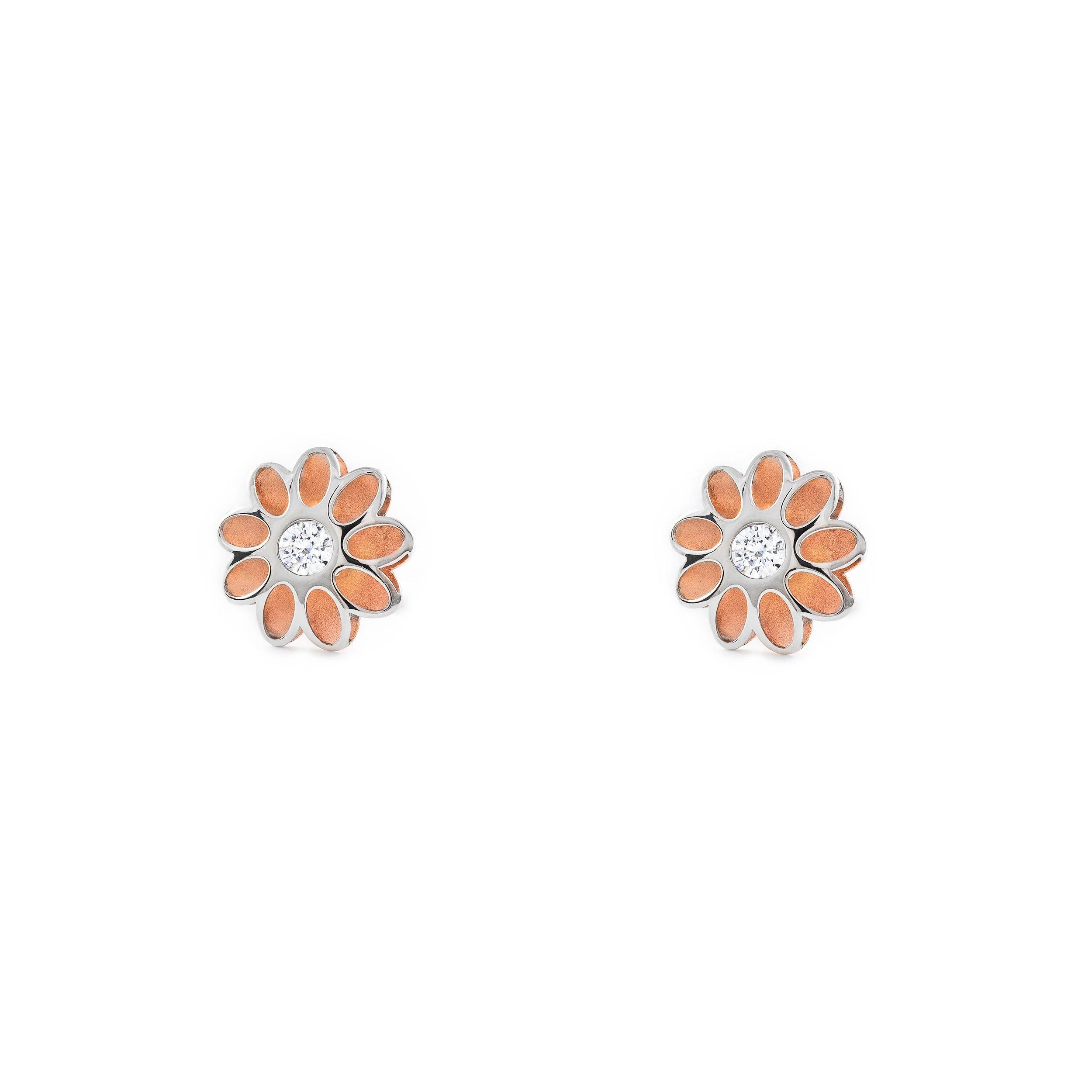 Pendientes Mujer-Niña Oro Bicolor 9K Flor Circonita Mate y Brillo