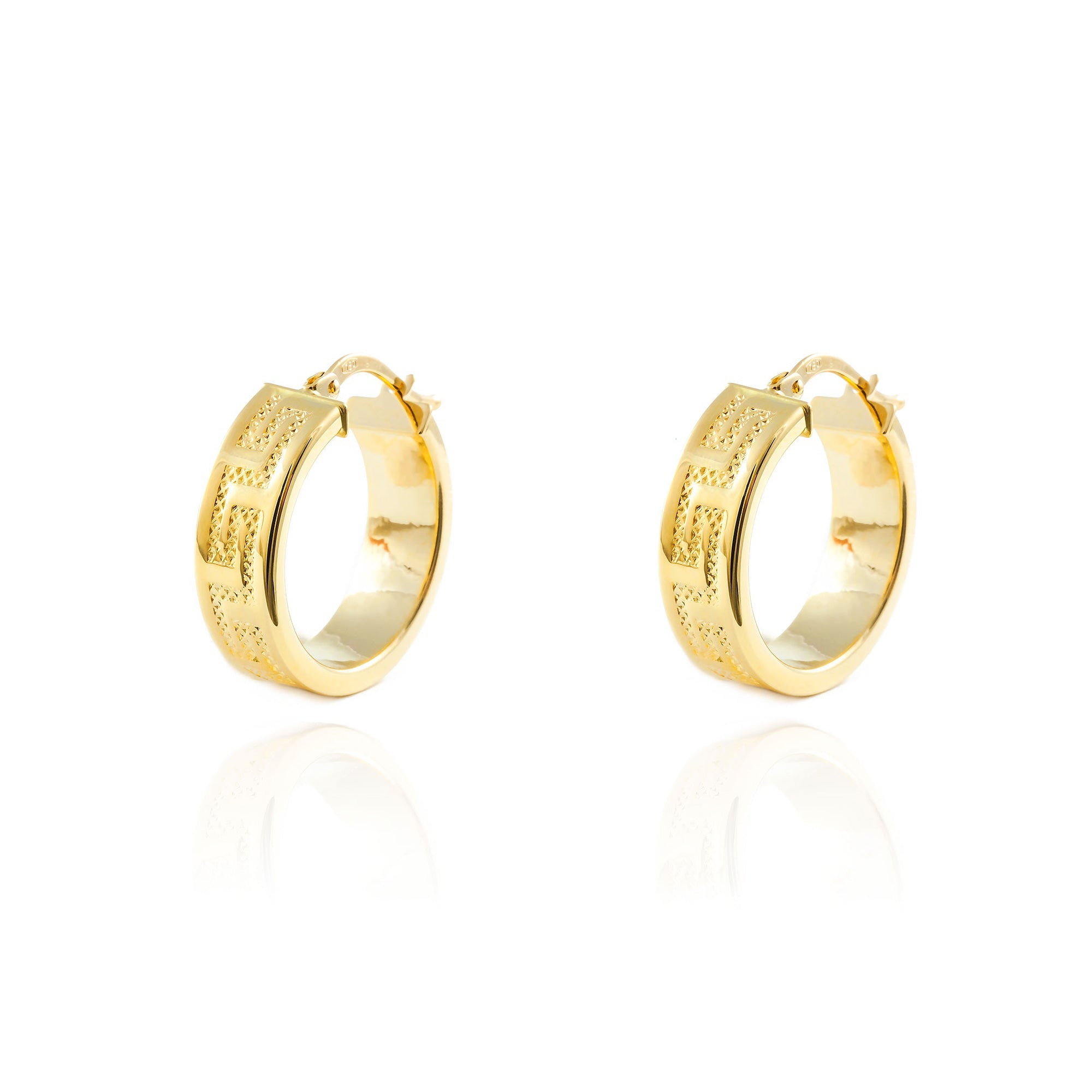 Pendientes Oro Amarillo 18K Aros Rectangular Greca 18 x 6 mm