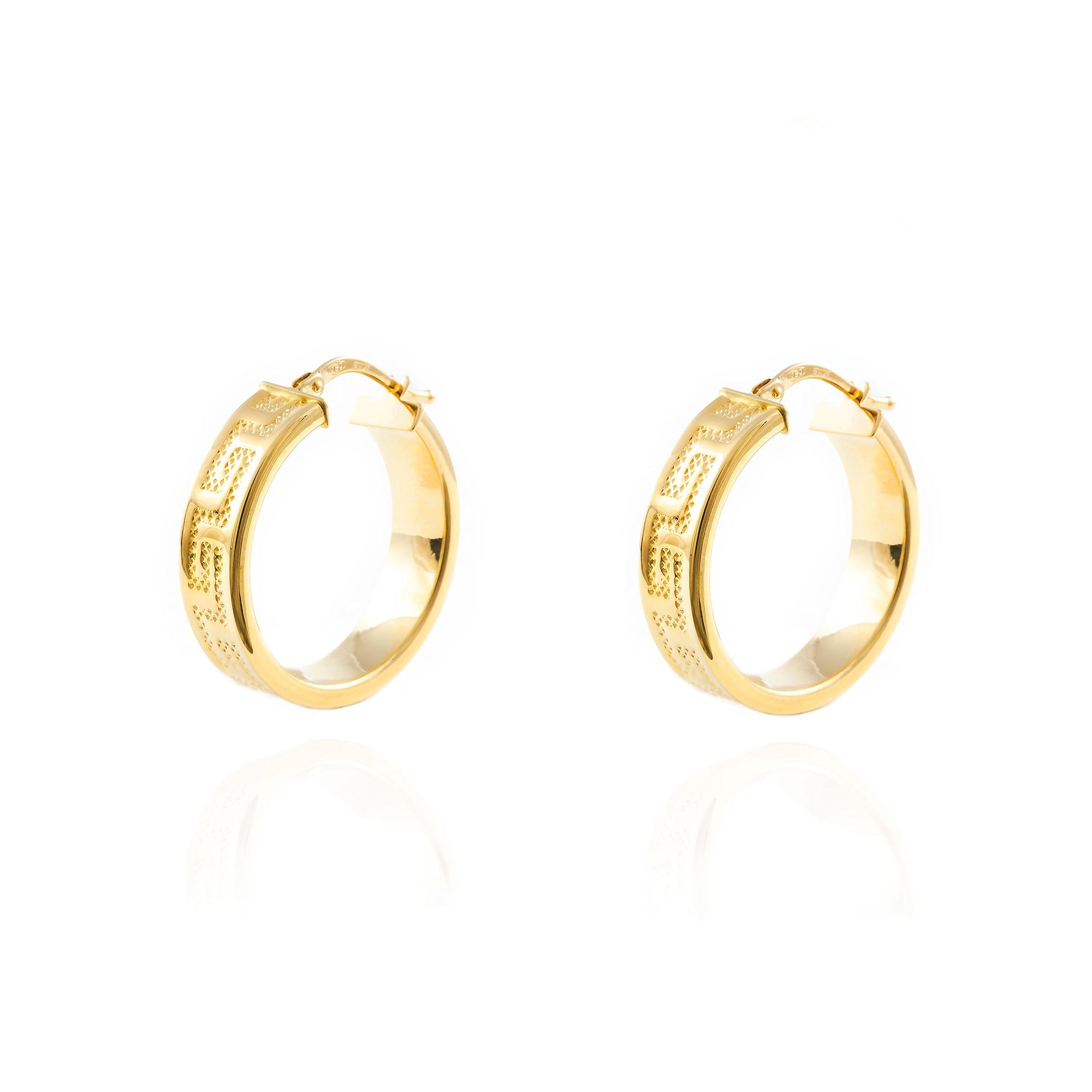 Pendientes Oro Amarillo 18K Aros Rectangular Greca 23 x 6 mm