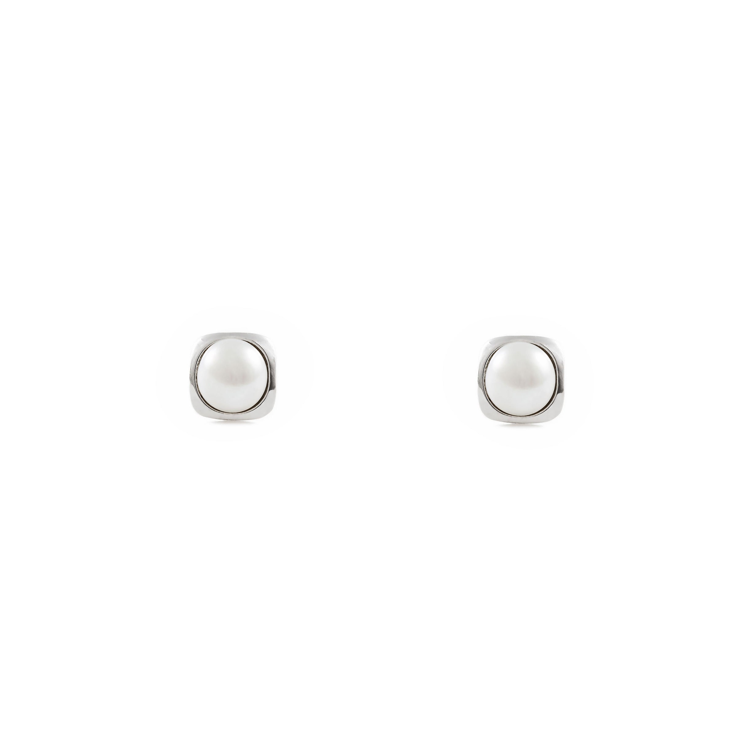 Pendientes Bebe-Niña Oro Blanco 9K Perla Botón 4 mm Cuadrado Brillo