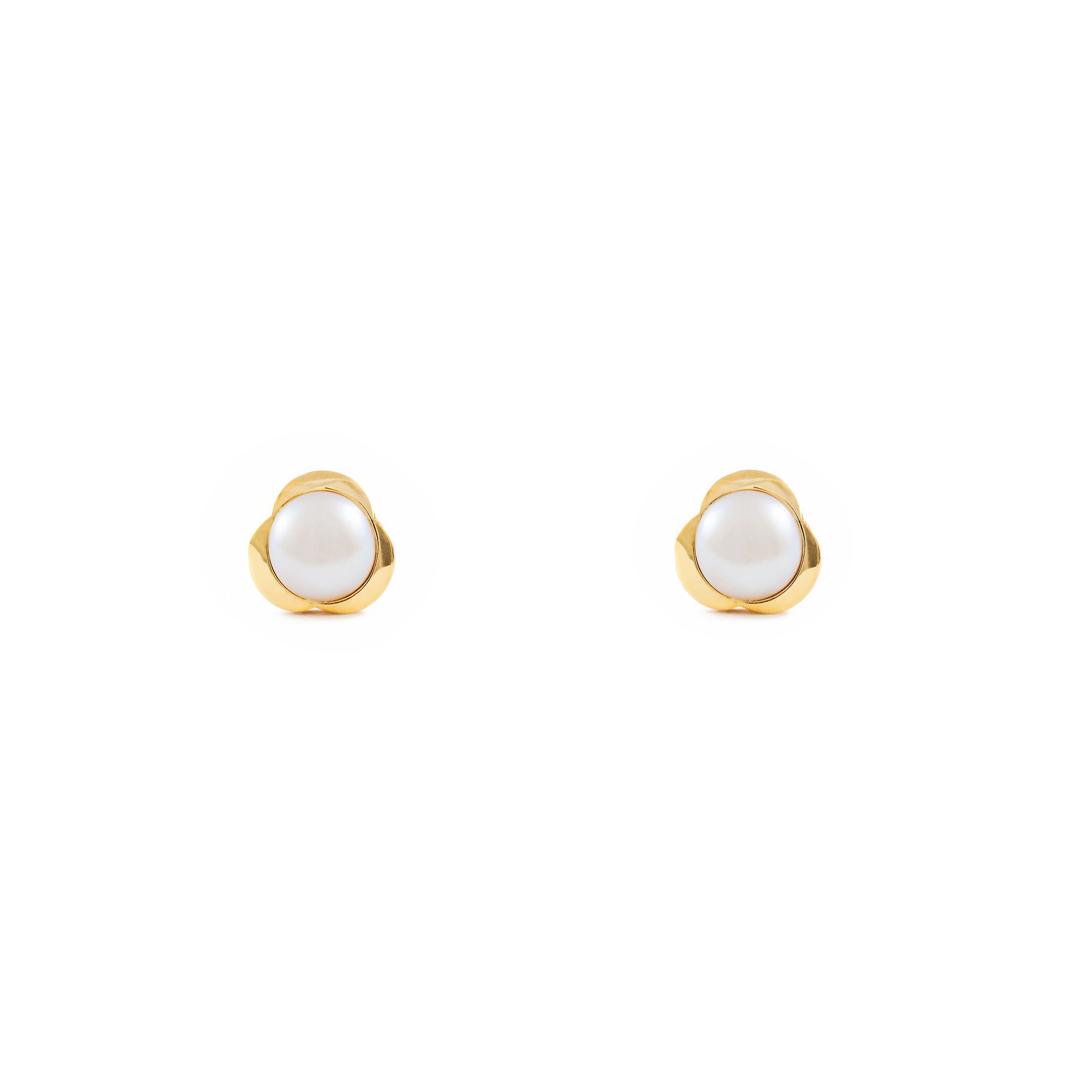 Pendientes Bebe-Niña Oro Amarillo 9K Perla Botón 4 mm Trebol Brillo