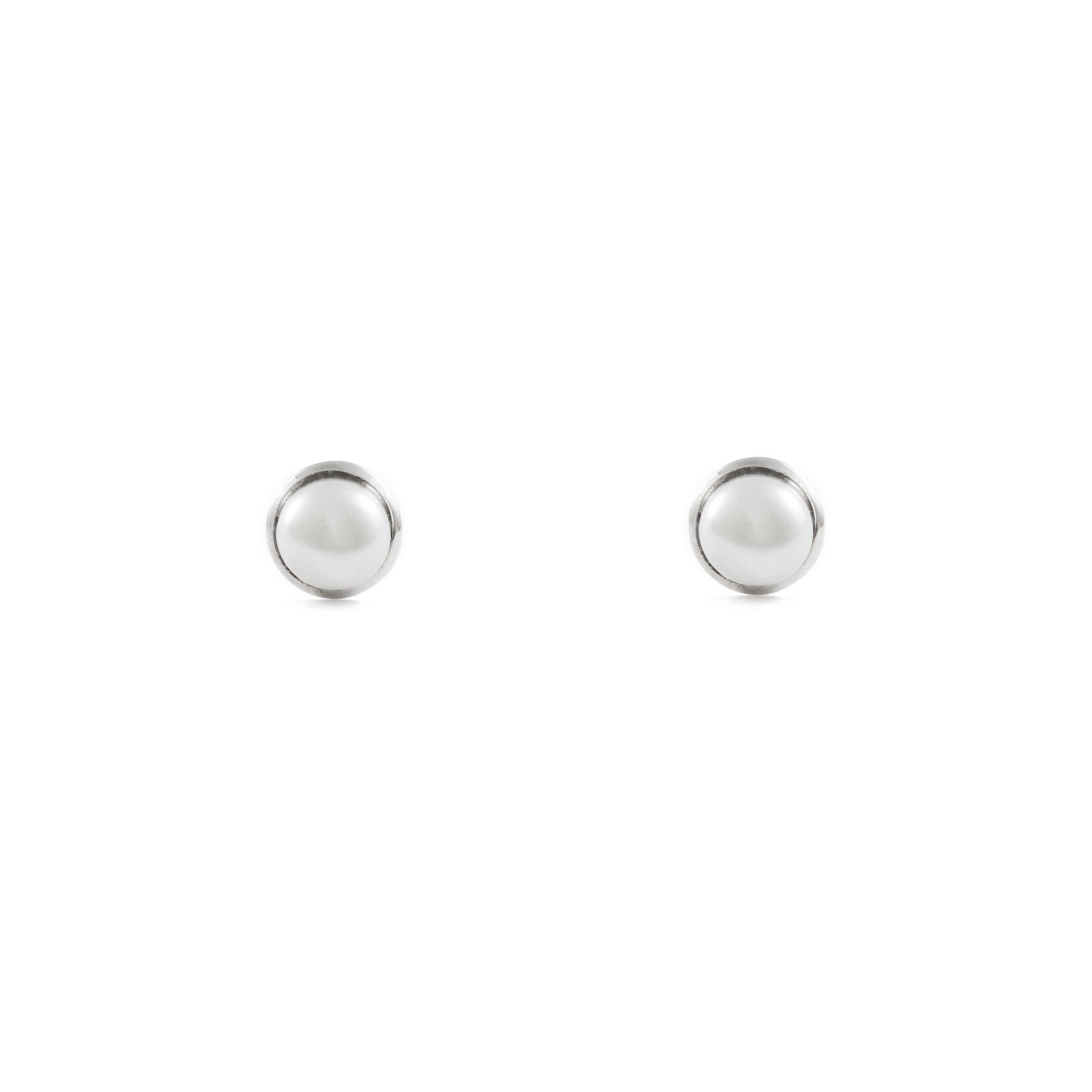 Pendientes Bebe-Niña Oro Blanco 9K Perla Botón 4 mm Brillo