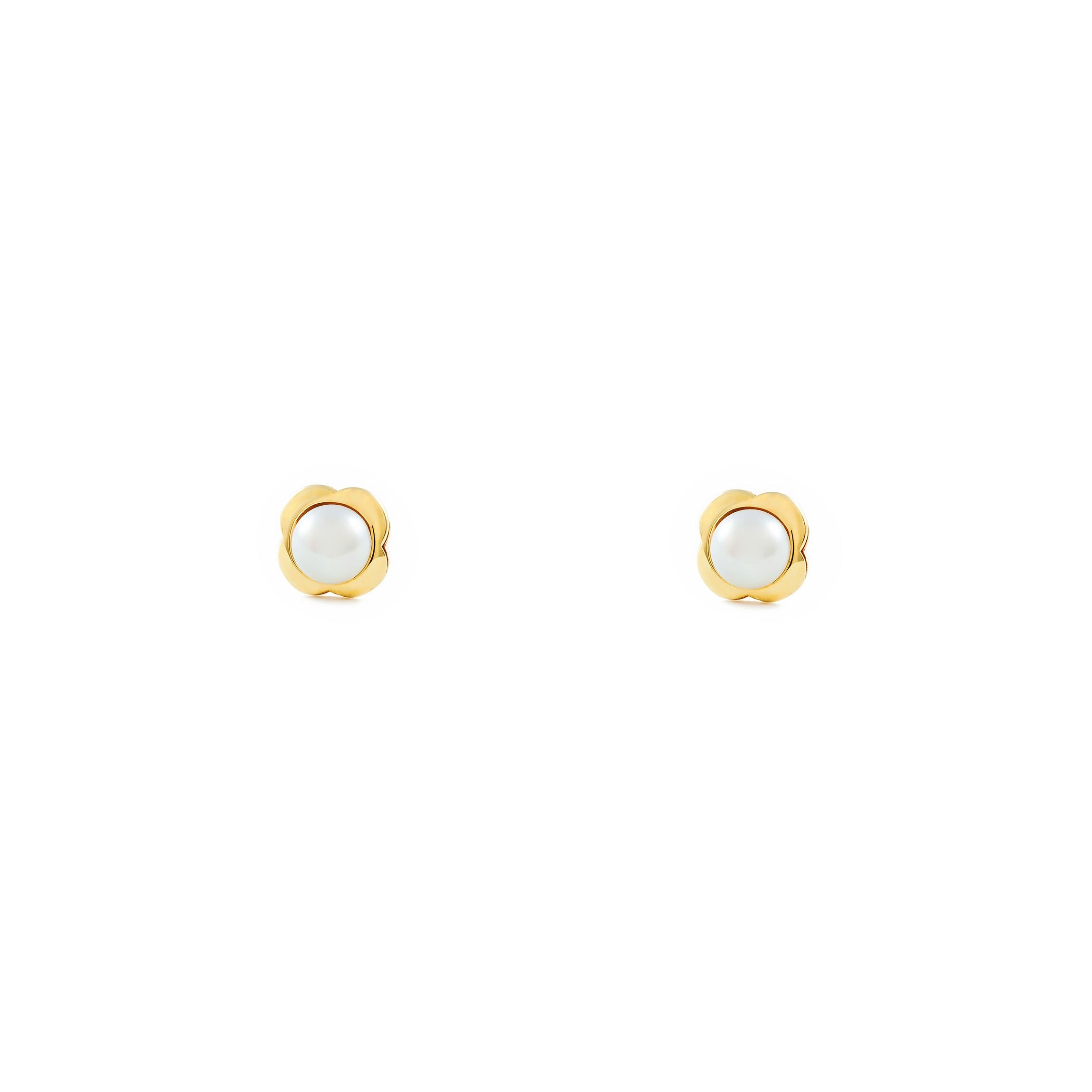 Pendientes Bebe Oro Amarillo 9K Perla Botón 3 mm Trebol Brillo
