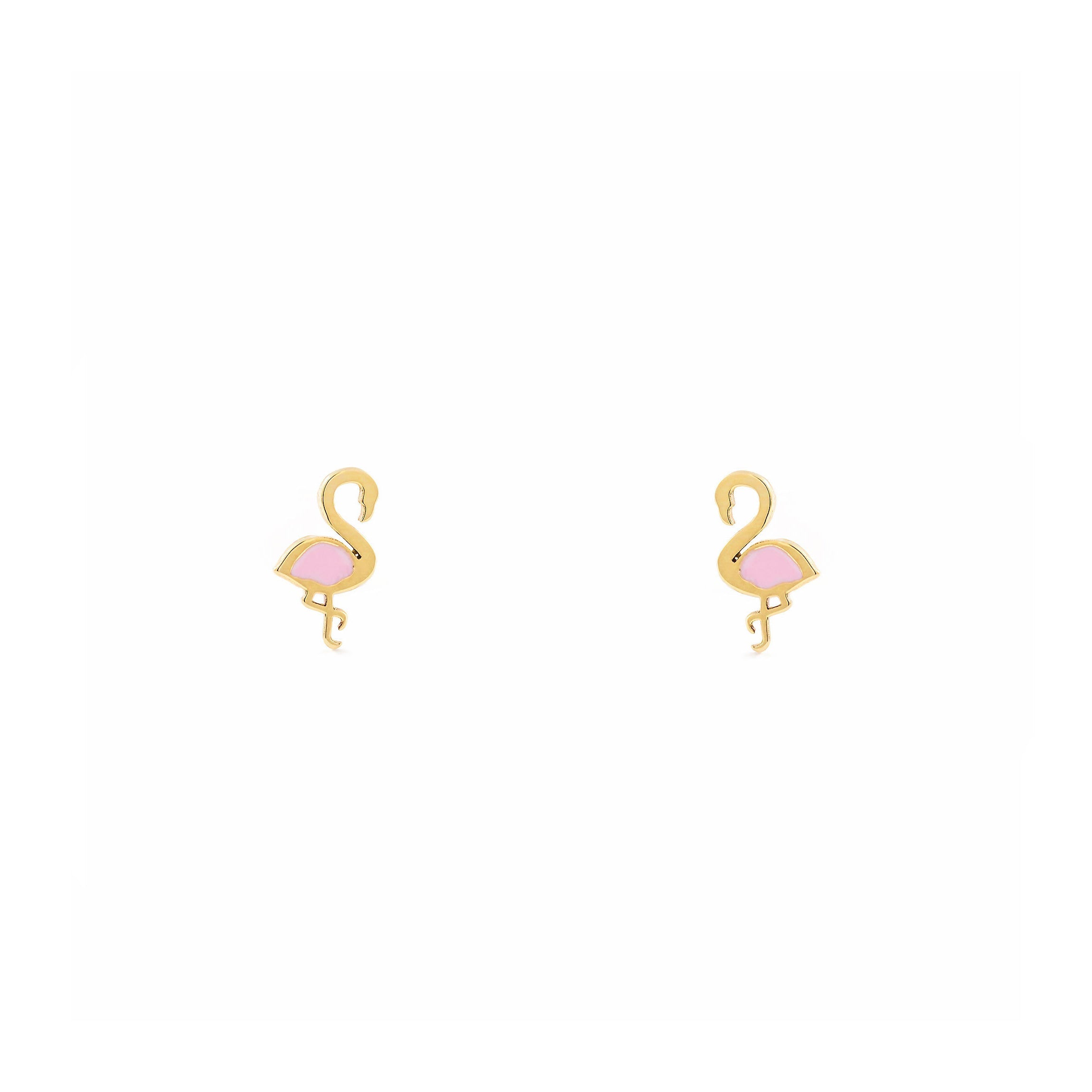 Pendientes Niña Oro Amarillo 9K Flamenco Esmalte Rosa Brillo