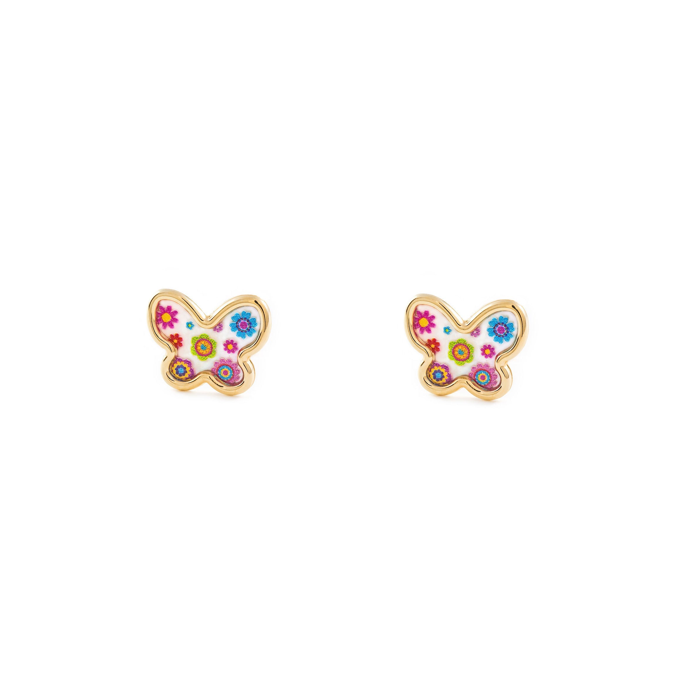 Pendientes Bebe-Niña Oro Amarillo 9K Nacar Mariposa Multicolor Brillo