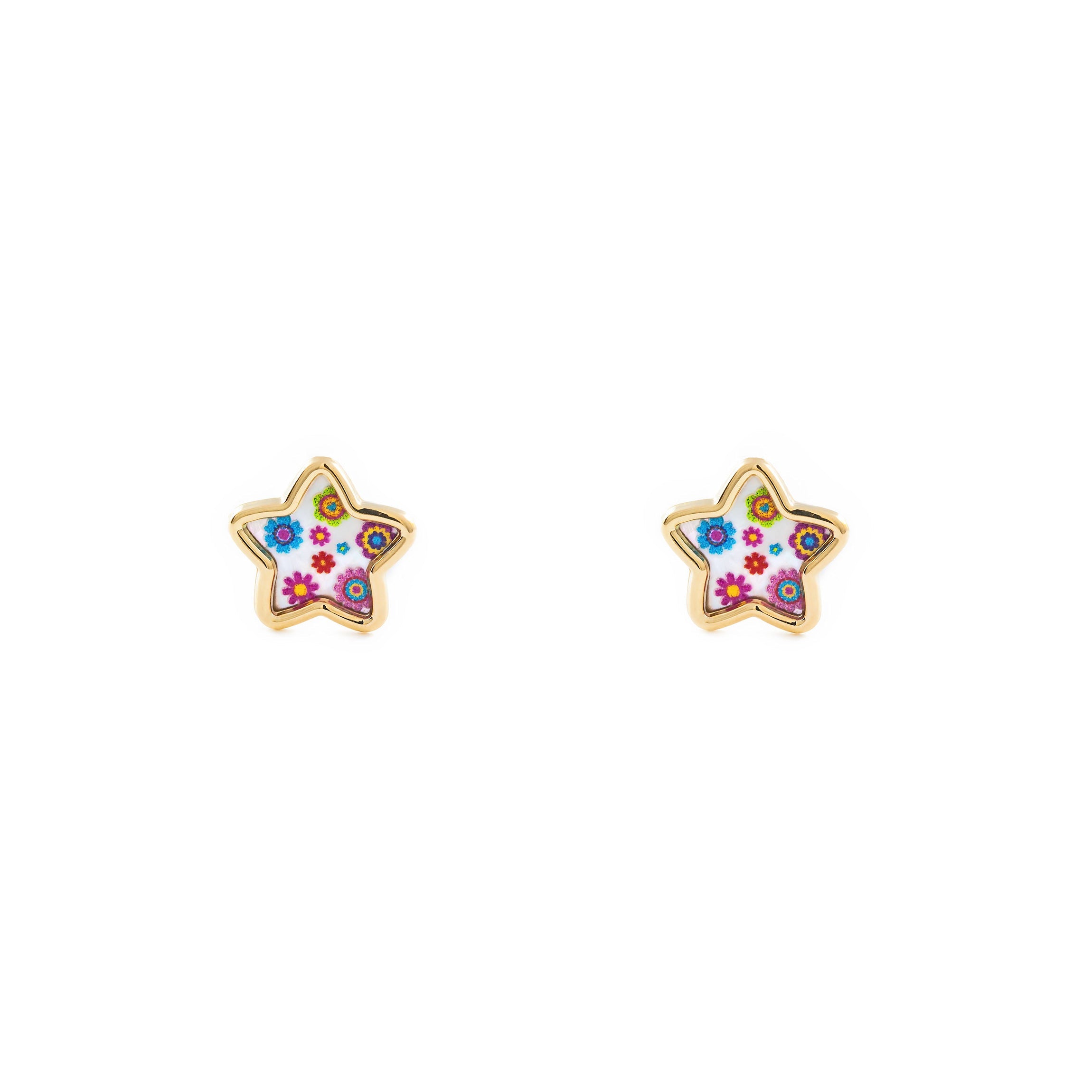 Pendientes Niña Oro Amarillo 9K Nacar Estrella Multicolor Brillo