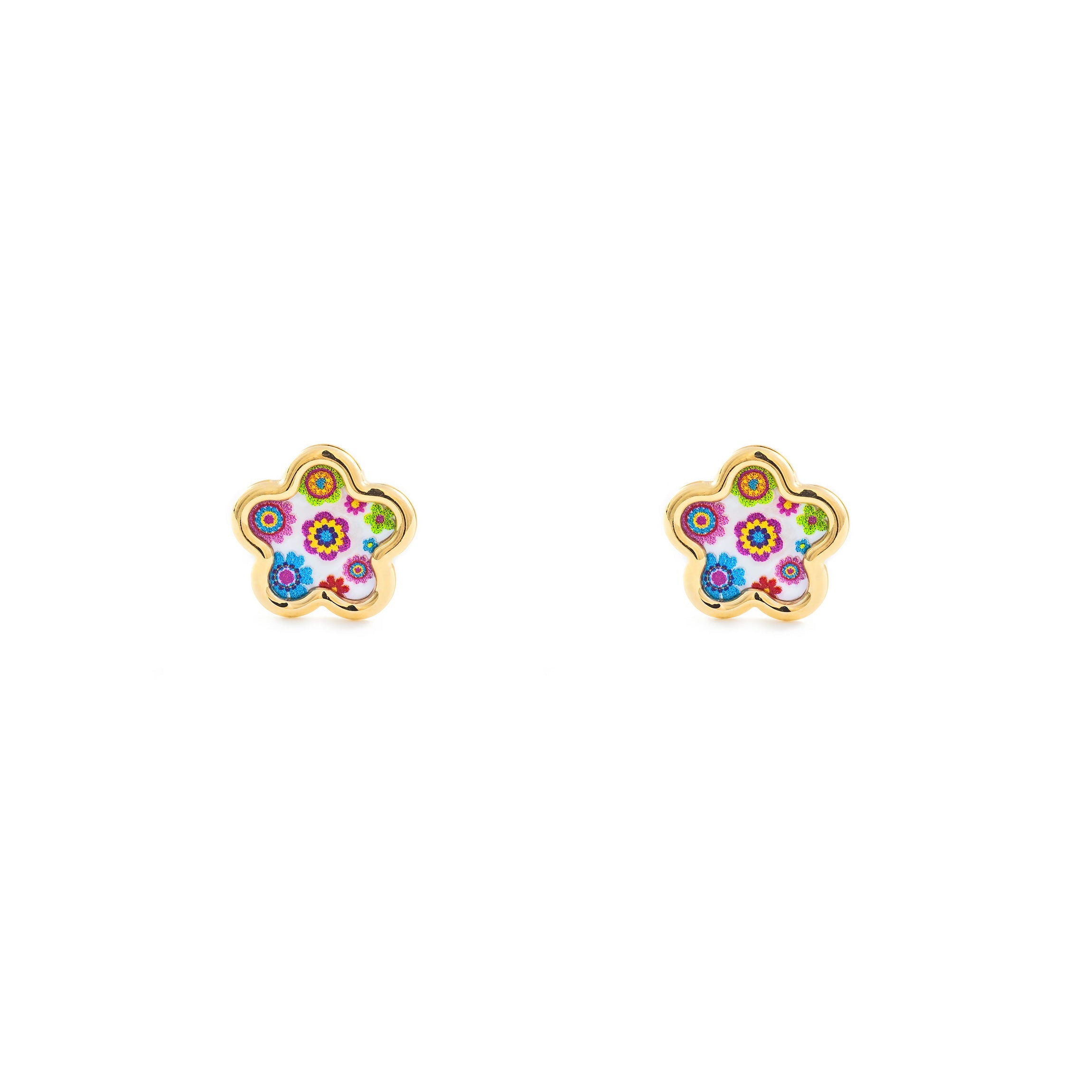 Girl's Earrings 9K Yellow Gold Mother of Pearl Multicolor Shiny Flowers