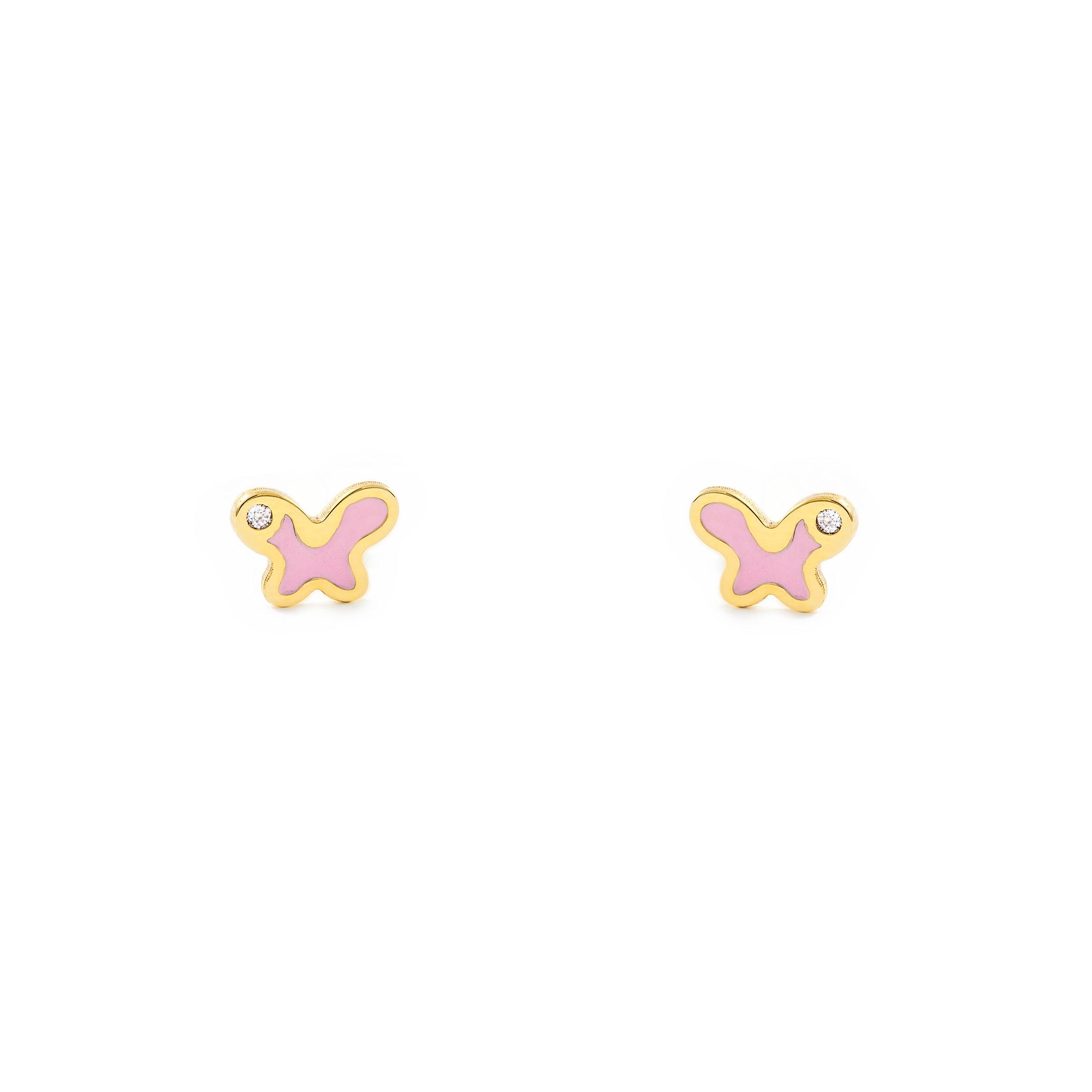 Pendientes Bebe-Niña Oro Amarillo 9K Mariposa Esmalte Rosa Circonita Brillo