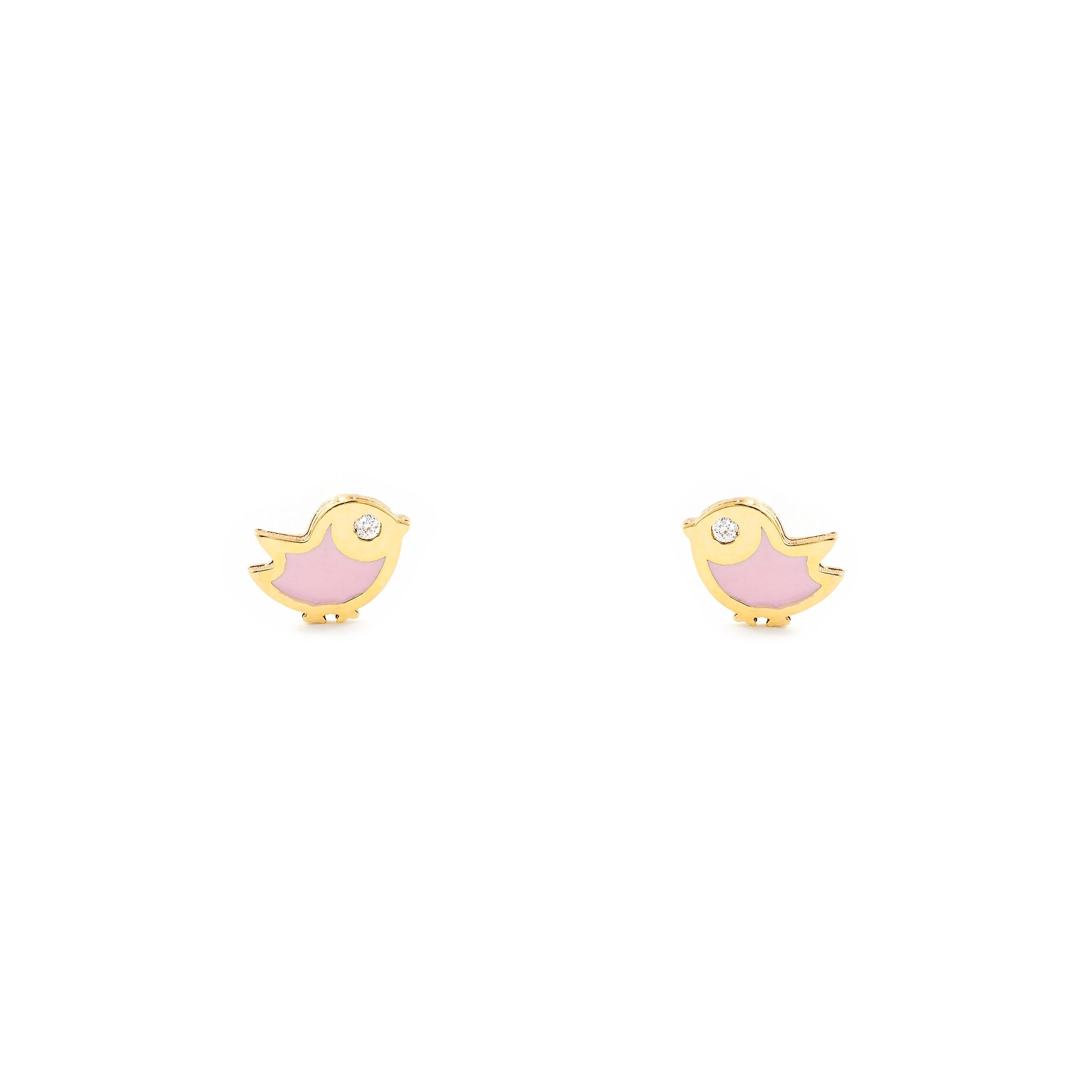 Pendientes Bebe-Niña Oro Amarillo 9K Pajaro Esmalte Rosa Circonita Brillo