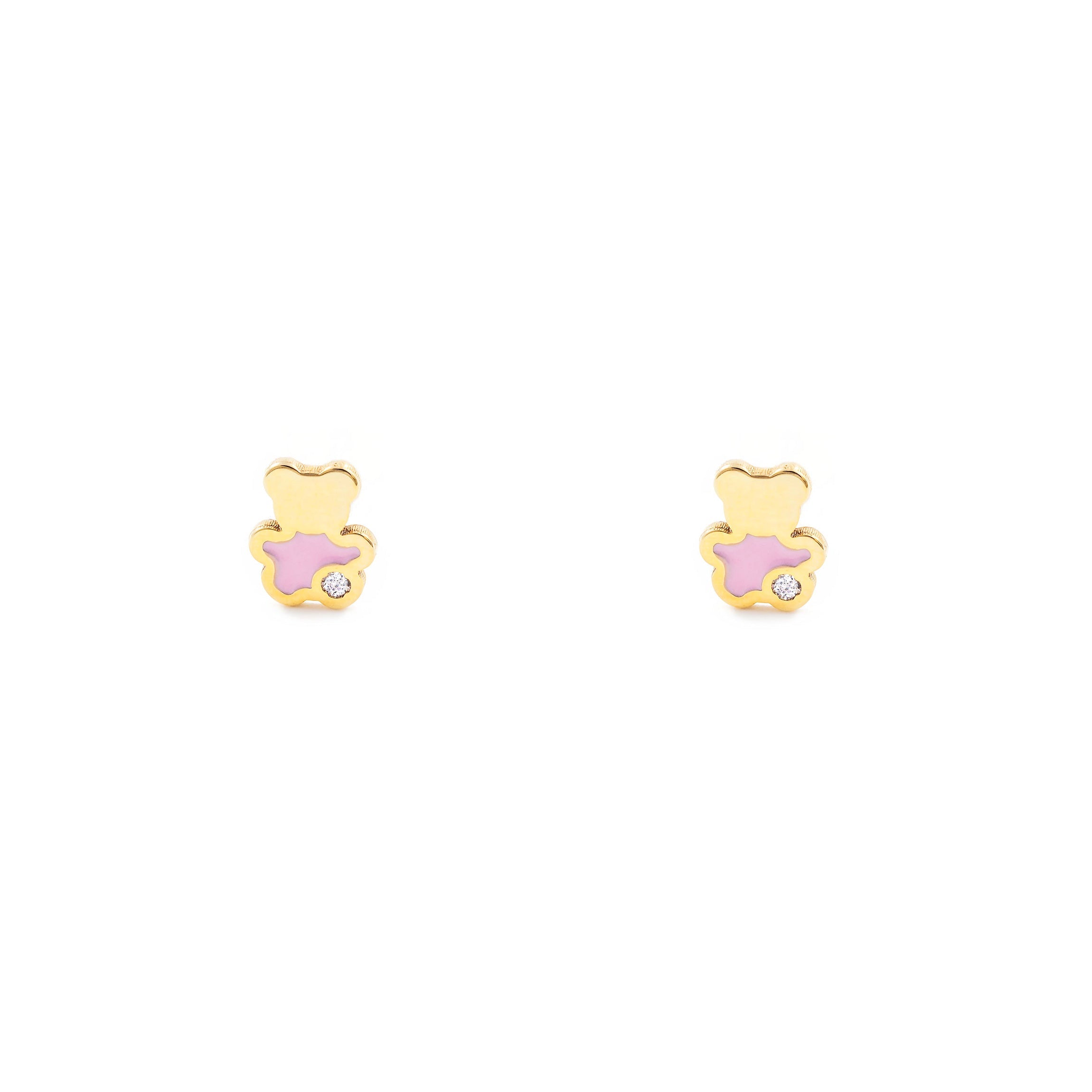 Pendientes Niña Oro Amarillo 9K Oso Esmalte Rosa Circonita Brillo