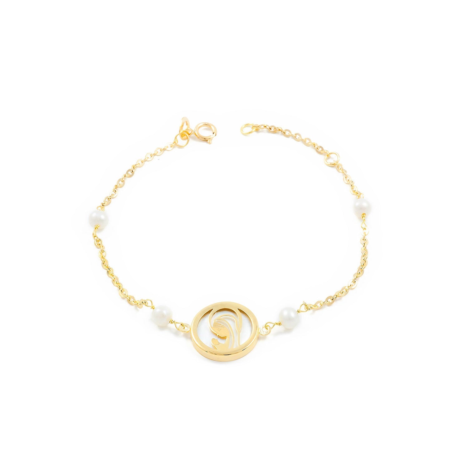 Pulsera Niña Oro Amarillo 18K Perla Redonda 4 mm Virgen Niña Nacar Mate y Brillo 17 cm
