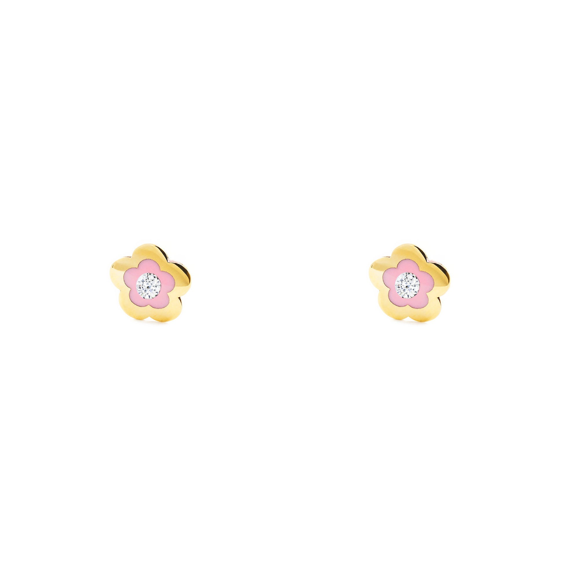Pendientes Niña Oro Amarillo 9K Flor Margarita Esmalte Rosa Circonita Brillo