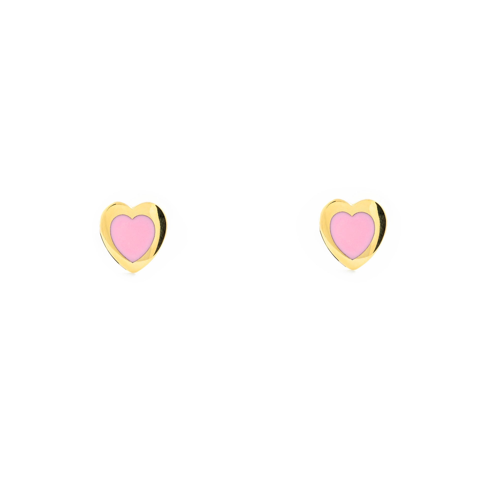Pendientes Niña Oro Amarillo 9K Corazón Esmalte Rosa Brillo