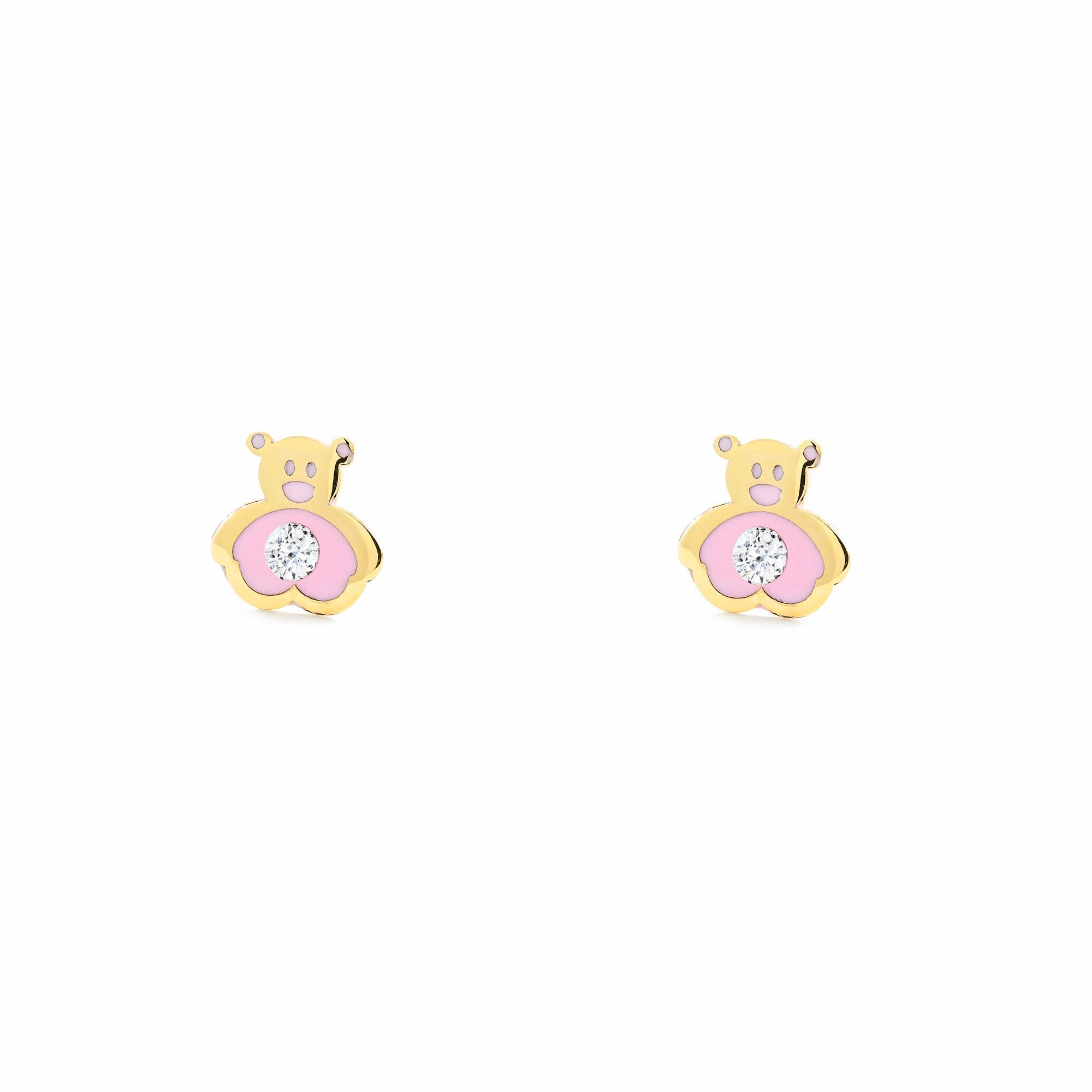 Pendientes Niña Oro Amarillo 9K Oso Esmalte Rosa Circonita Brillo