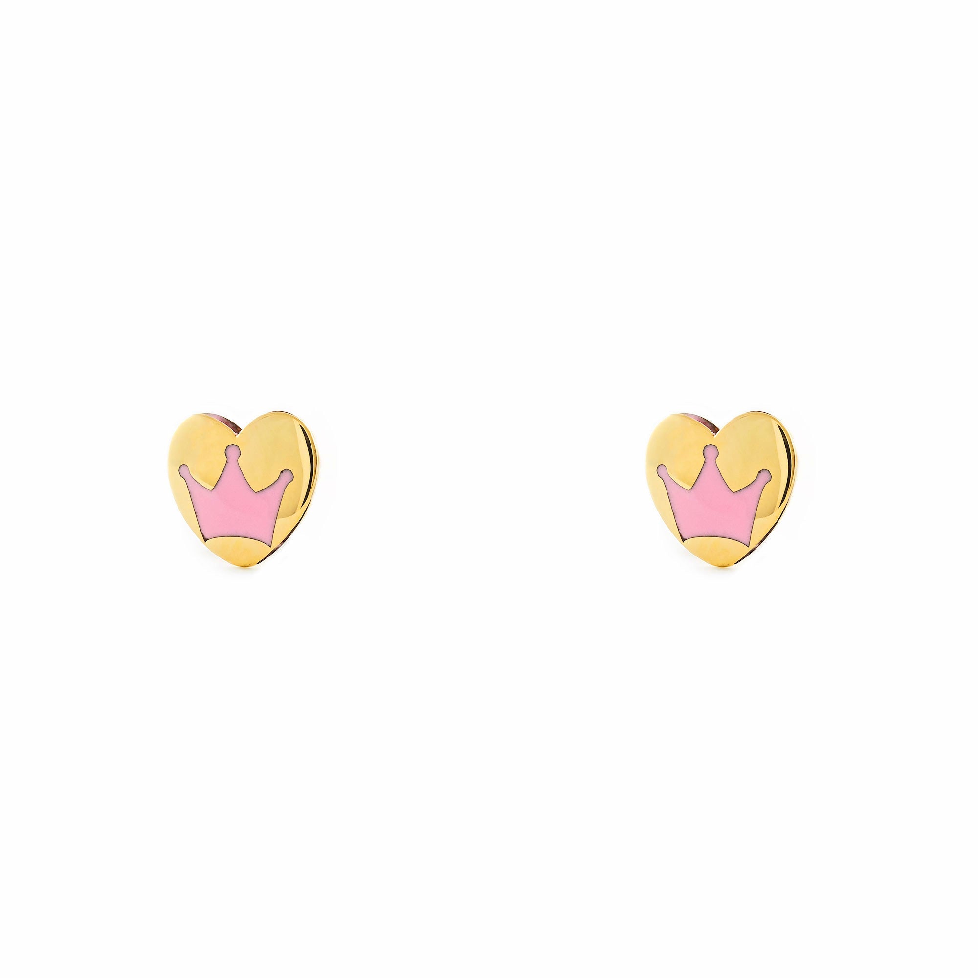 Pendientes Niña Oro Amarillo 9K Corazón Esmalte Rosa Brillo