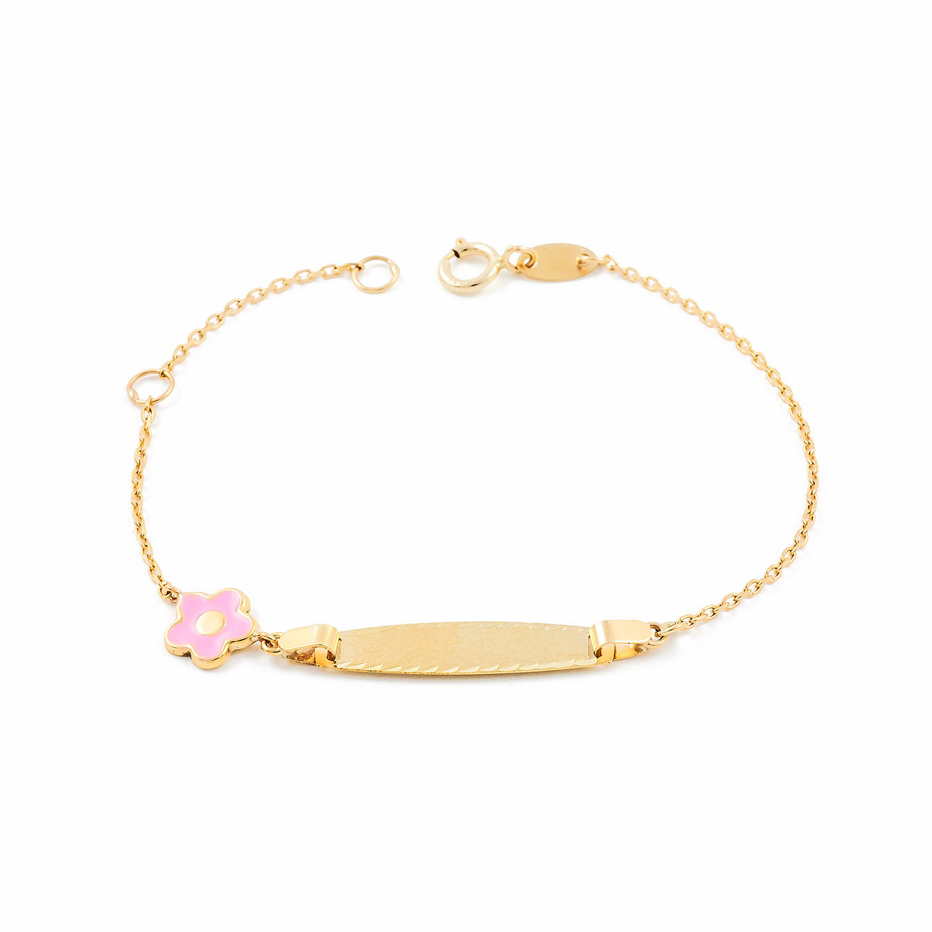 Pulsera Niña Oro Amarillo 9K Personalizada Esclava Flor Margarita Rosa Mate y Brillo 14 cm