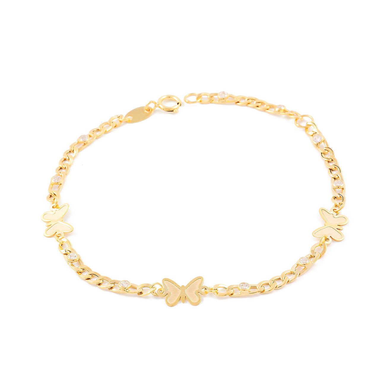 Pulsera Niña Oro Amarillo 9K Mariposas Circonita Mate y Brillo 17 cm