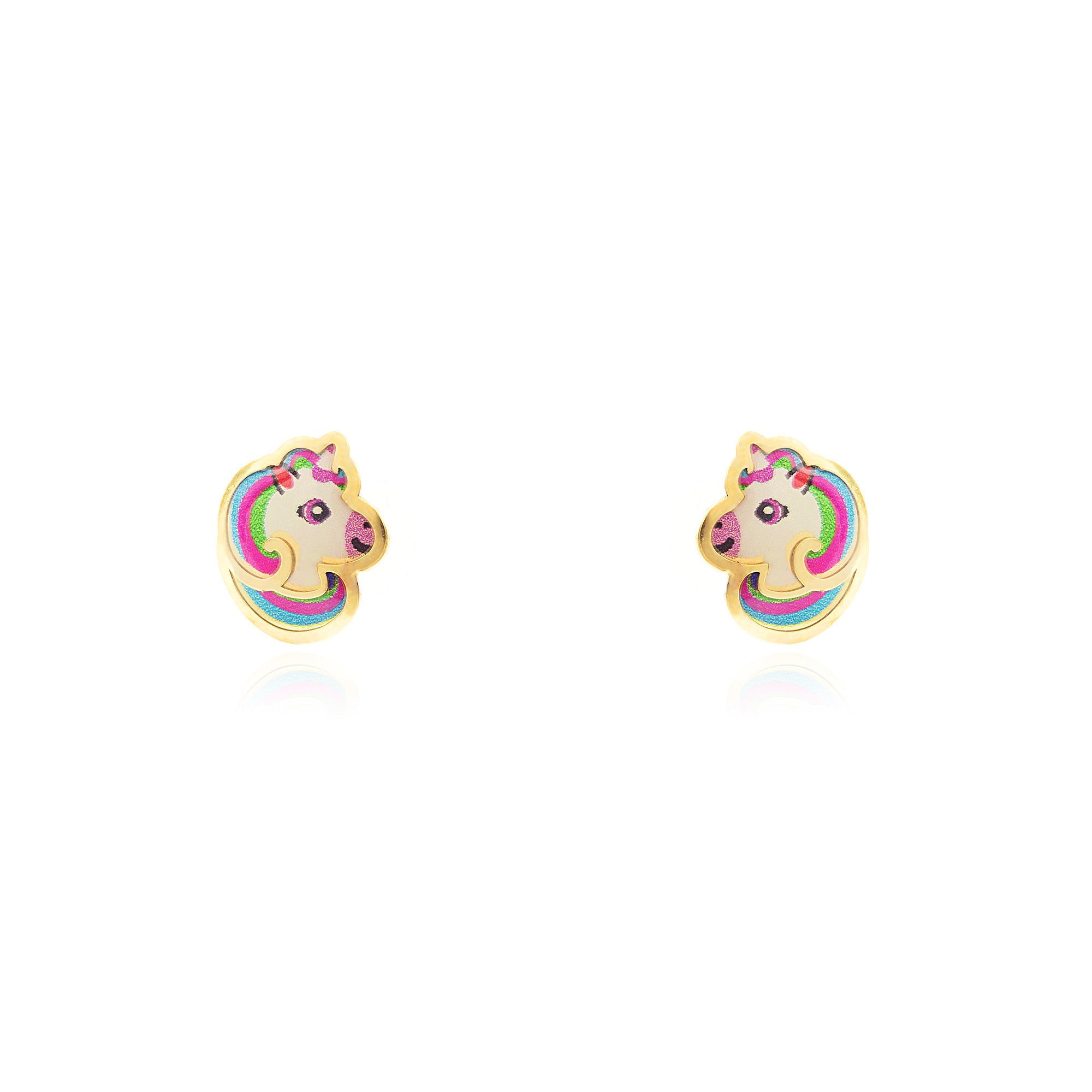 Pendientes Niña Oro Amarillo 9K Unicornio Esmalte Multicolor Brillo