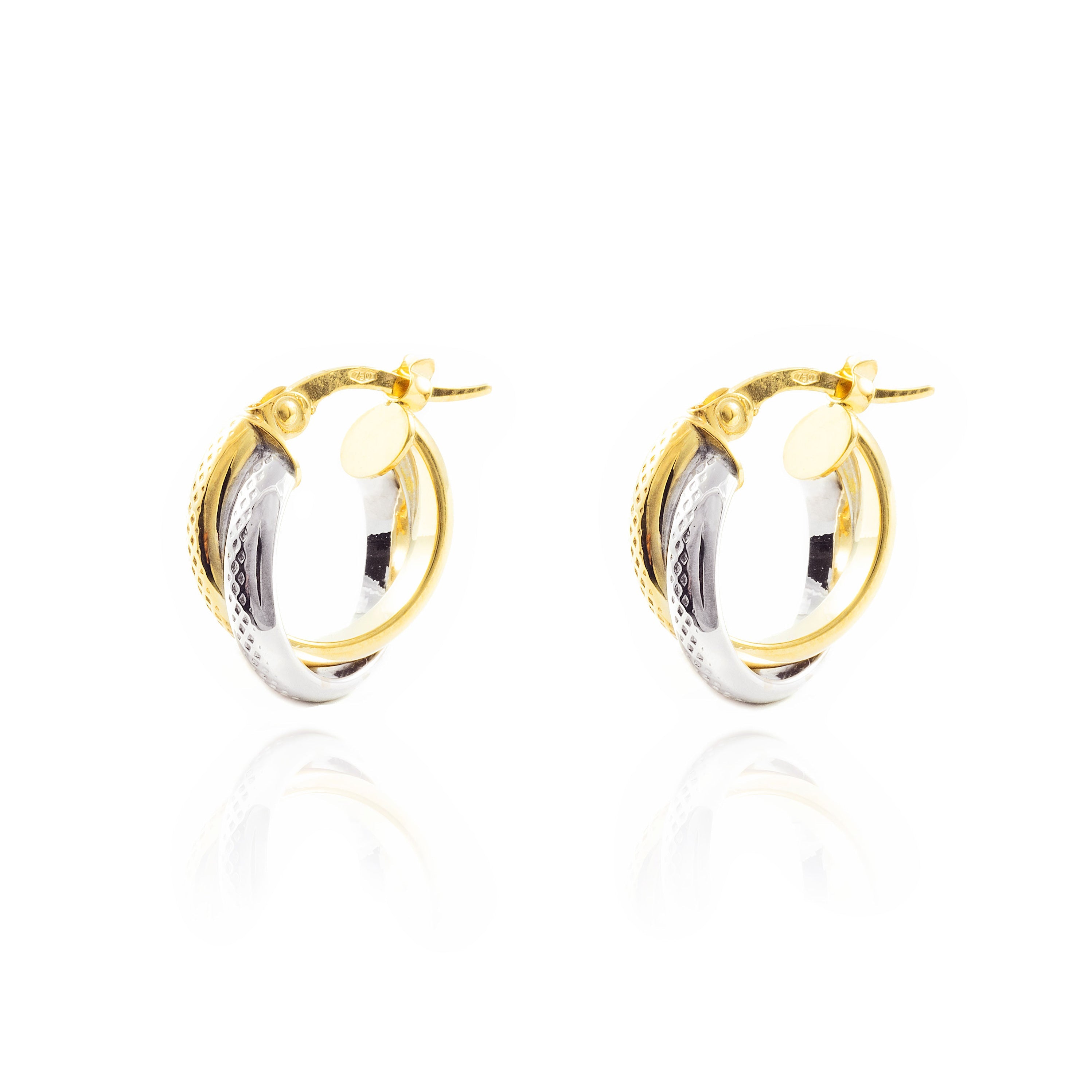 Pendientes Oro Bicolor 18K Aros Media Caña Dobles Brillo y Textura 14 x 5,5 mm