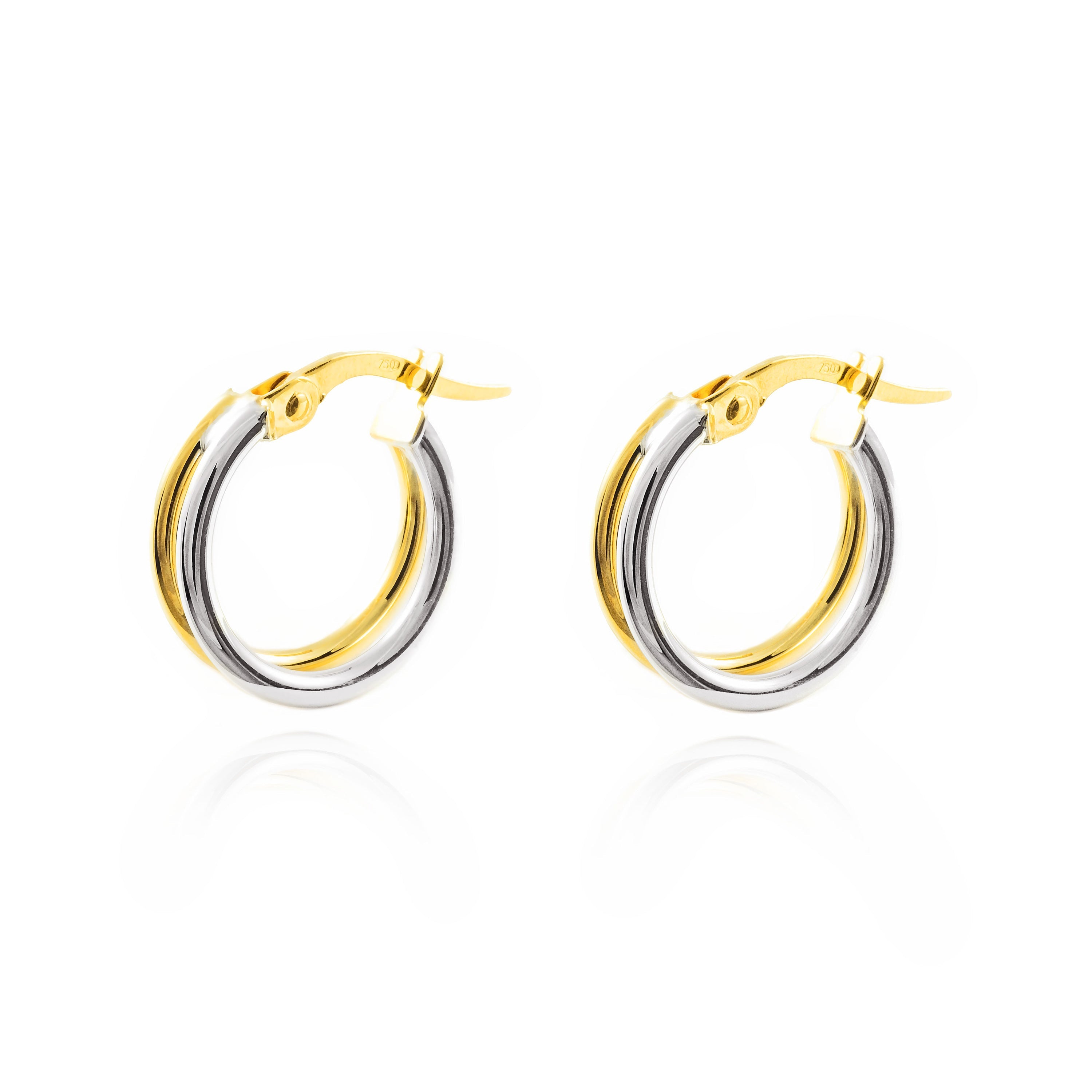 Pendientes Oro Bicolor 18K Aros Redondo Dobles Brillo 14 x 4 mm