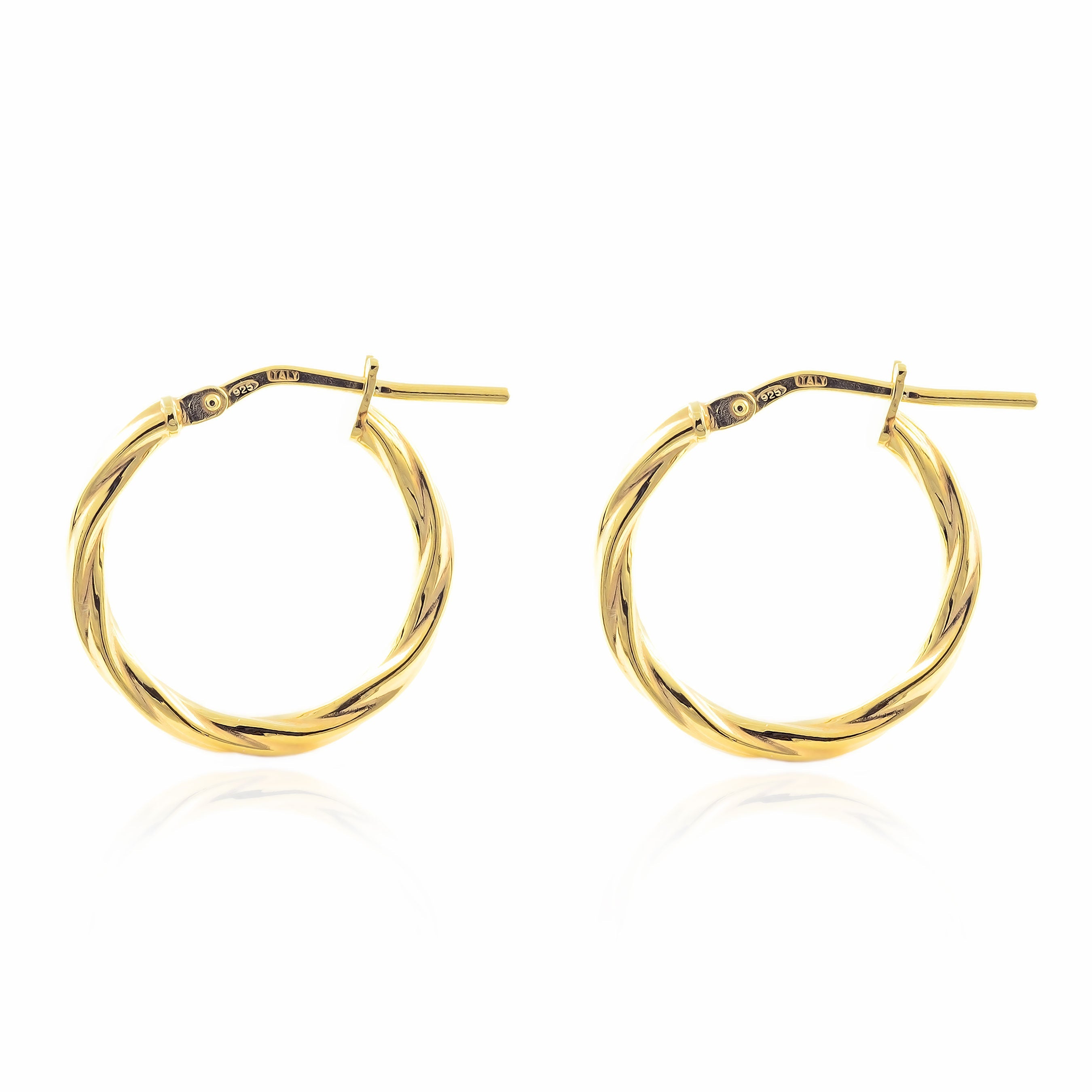 Golden Sterling Silver Earrings Shiny Relied Round Hoops 19 x 2 mm