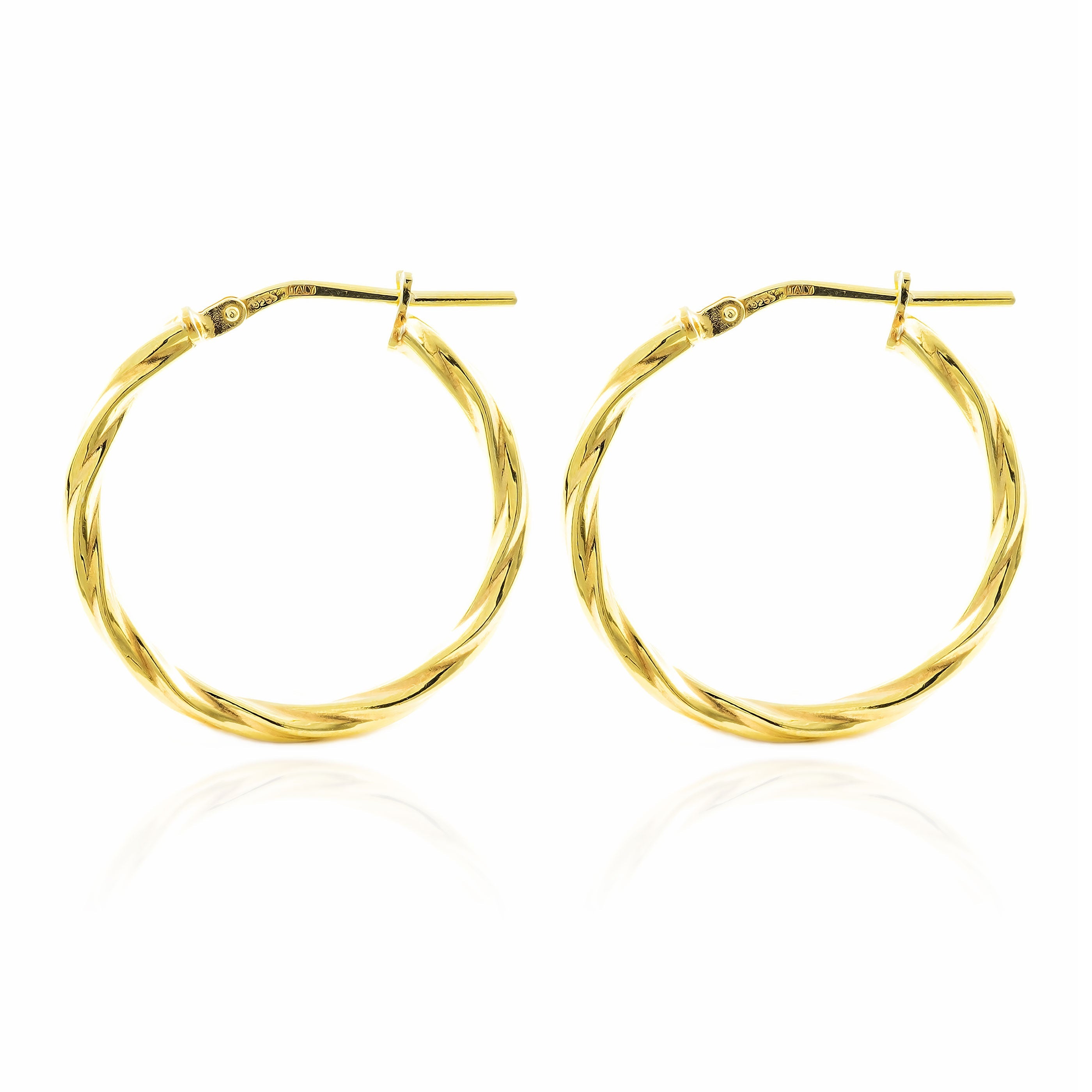 Golden Sterling Silver Earrings Shiny Relied Round Hoops 24 x 2 mm