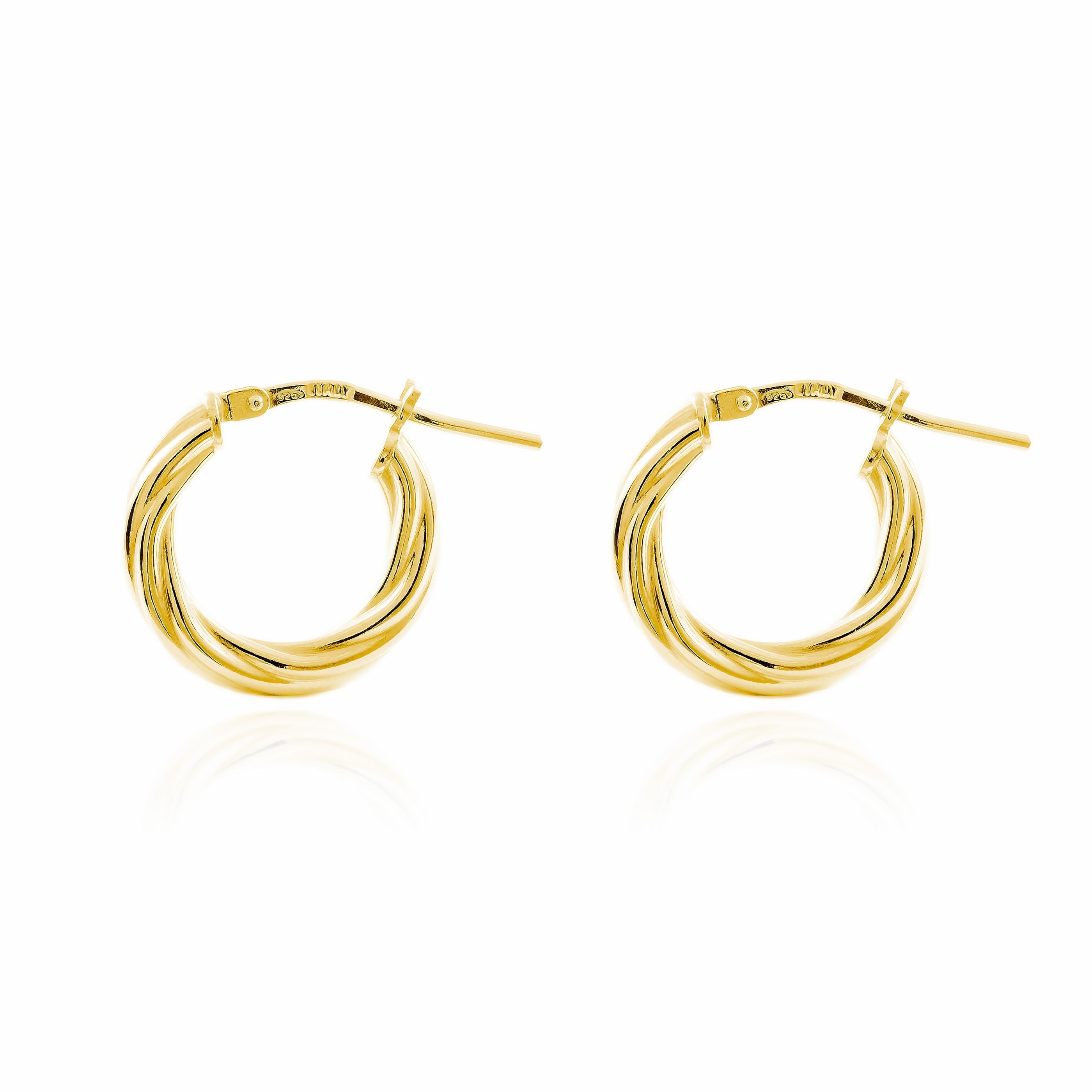 Golden Sterling Silver Earrings Shiny Relied Round Hoops 16 x 3 mm