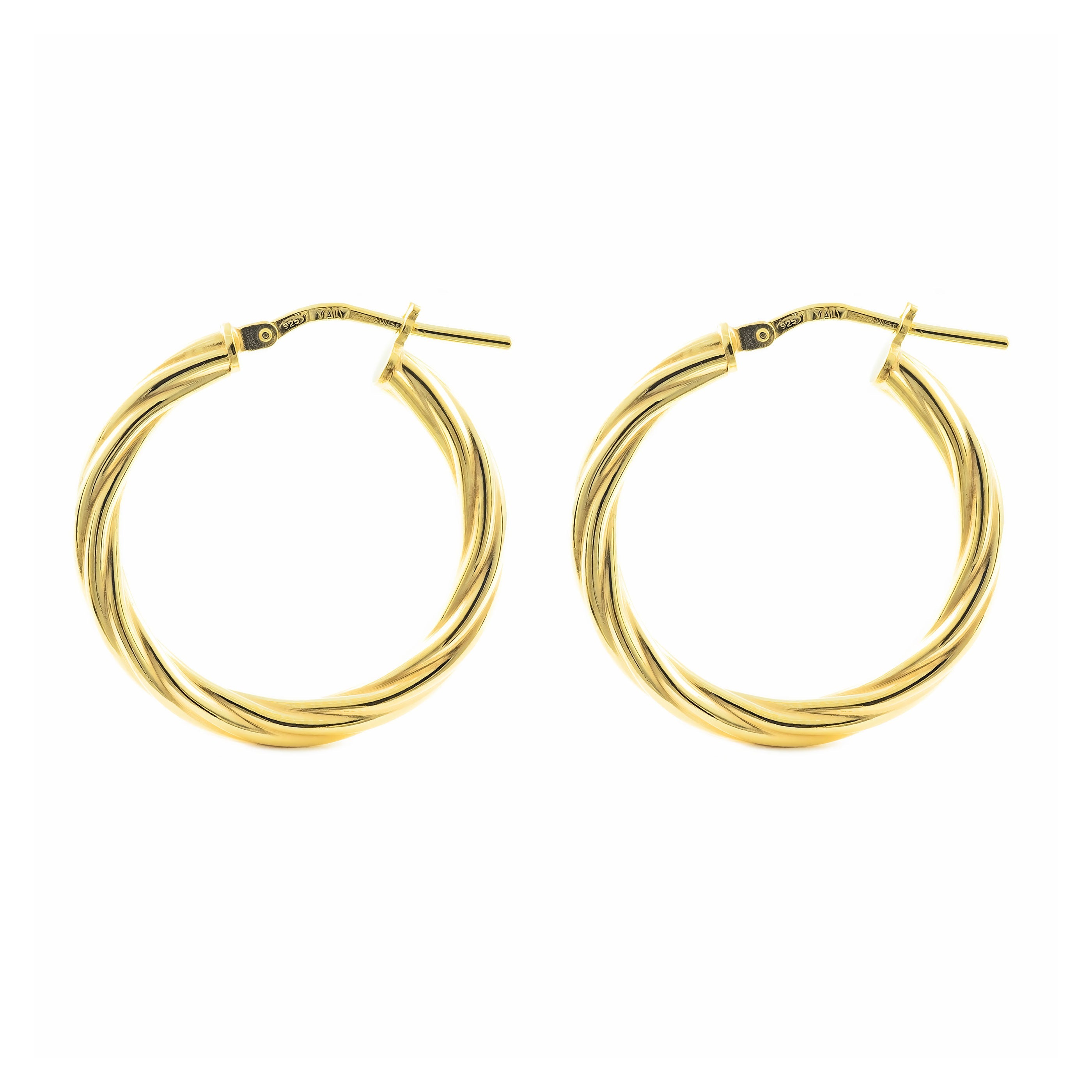 Golden Sterling Silver Earrings Shiny Relied Round Hoops 26 x 3 mm