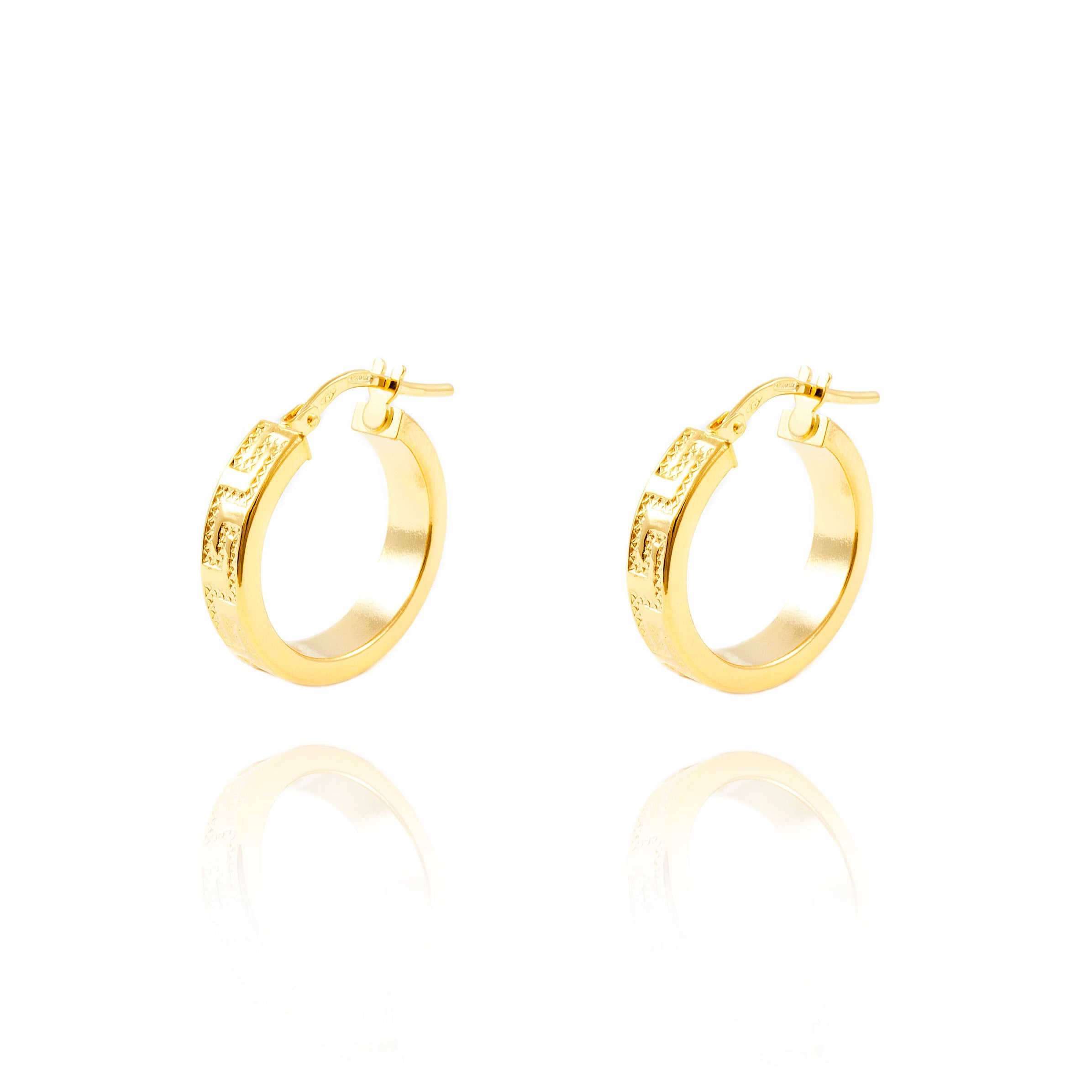 Golden Sterling Silver Earrings Rectangular Greca Shiny Hoops 19 x 4 mm