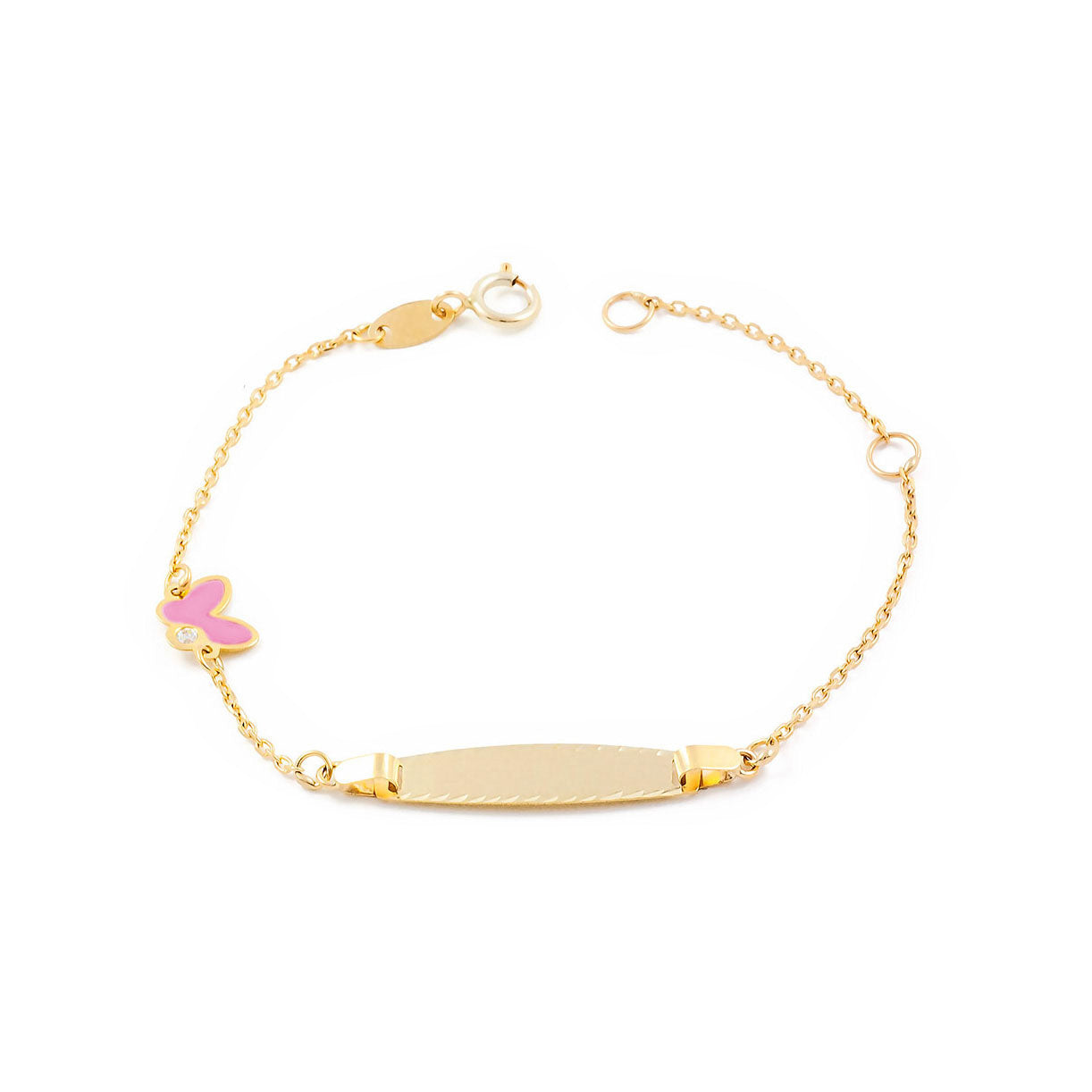 Pulsera Niña Oro Amarillo 9K Personalizada Esclava Mariposa Circonita Rosa Mate y Brillo 14 cm
