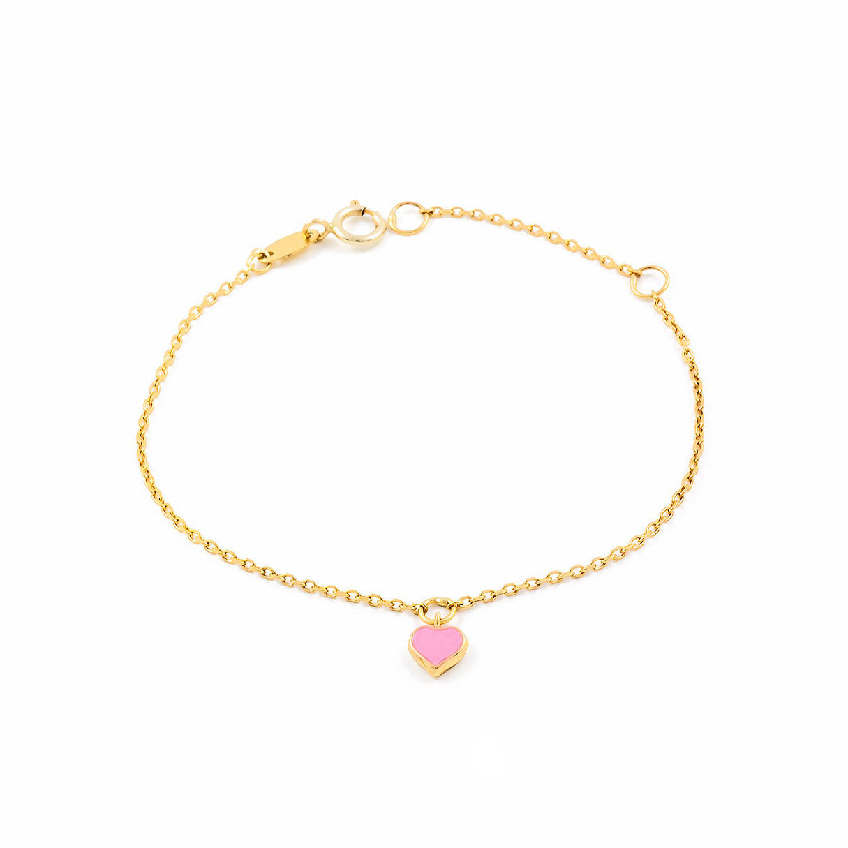 Pulsera Niña Oro Amarillo 9K Esmalte Corazón Rosa Brillo 14 cm