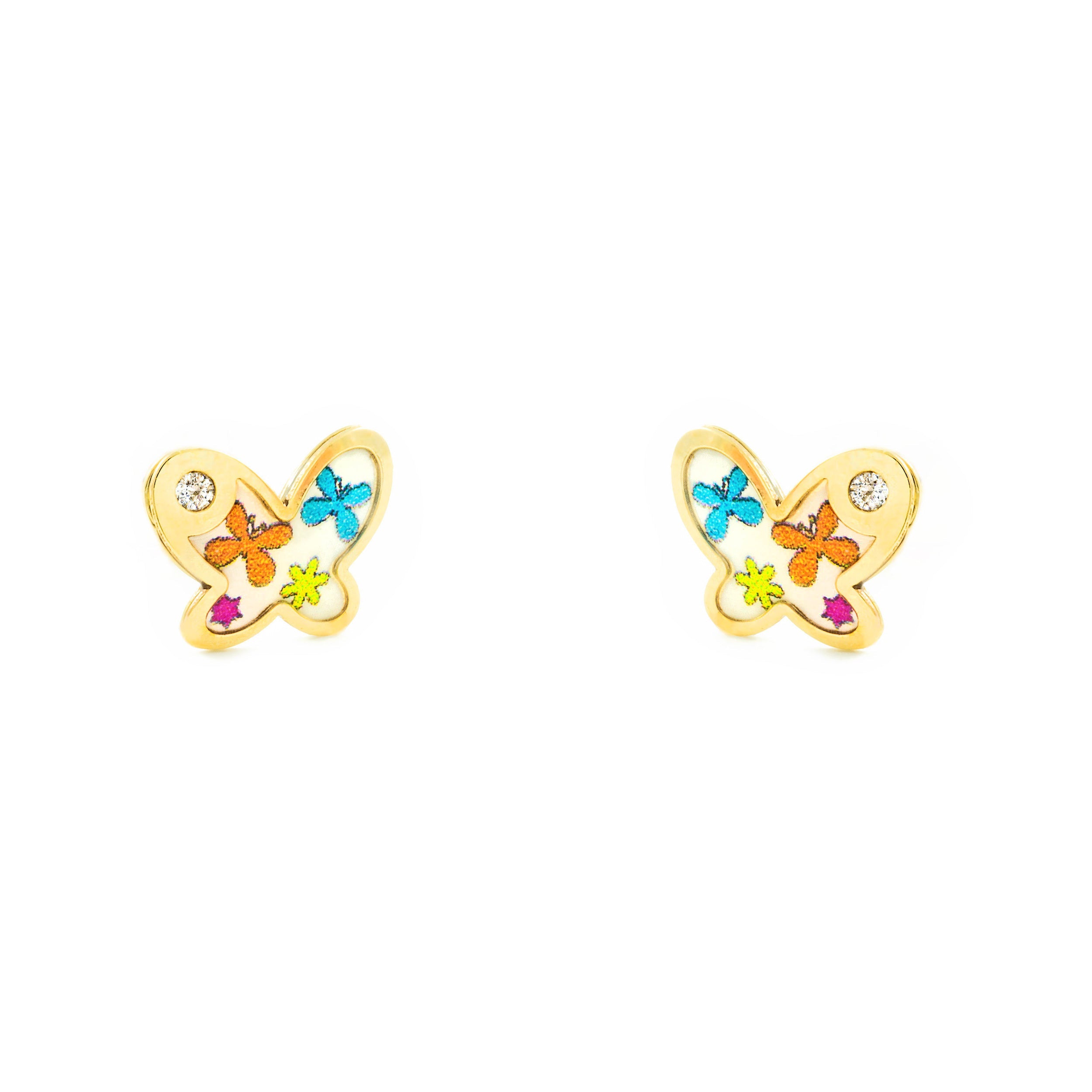 Pendientes Bebe-Niña Oro Amarillo 9K Mariposa Esmalte Multicolor Circonita Brillo
