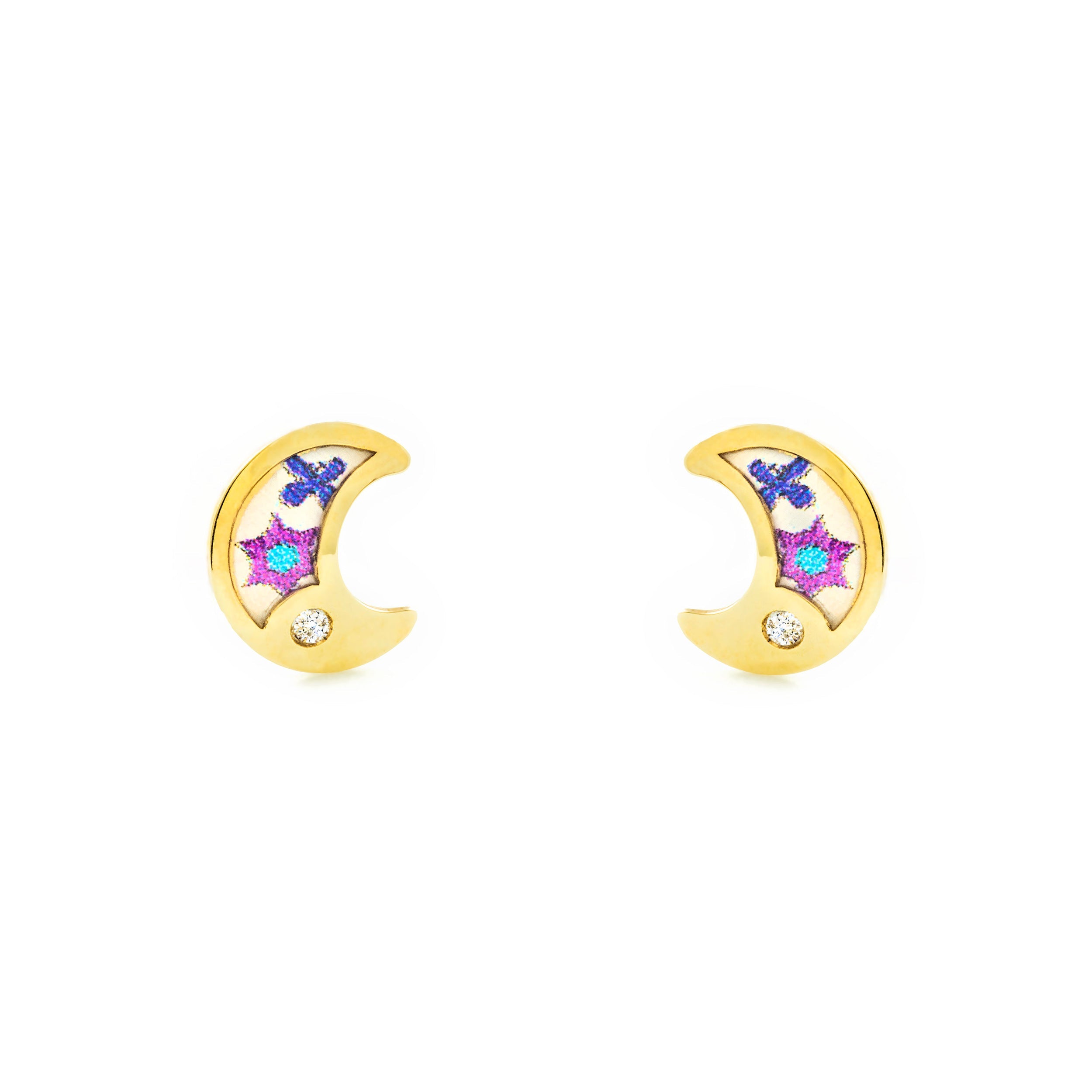 Pendientes Niña Oro Amarillo 9K Luna Esmalte Multicolor Circonita Brillo