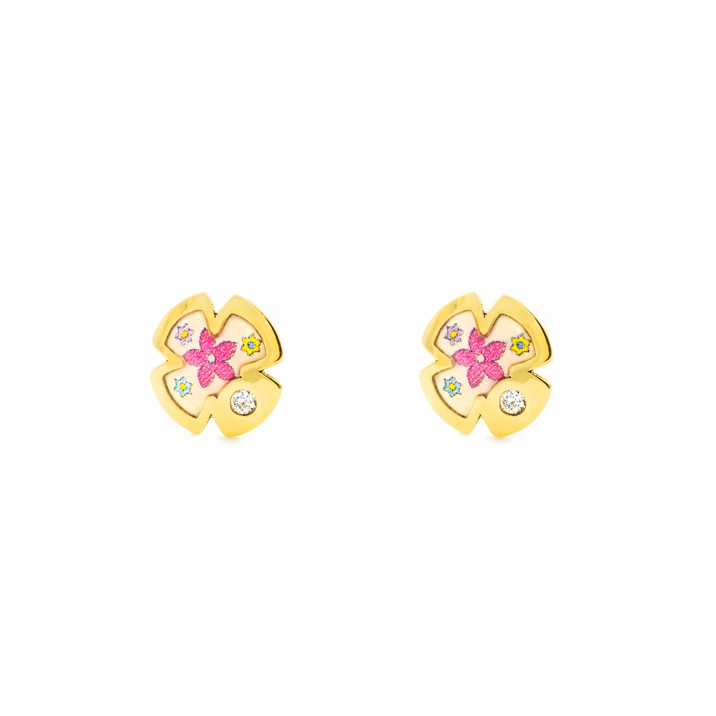 Pendientes Bebe-Niña Oro Amarillo 9K Cruz Esmalte Multicolor Circonita Brillo