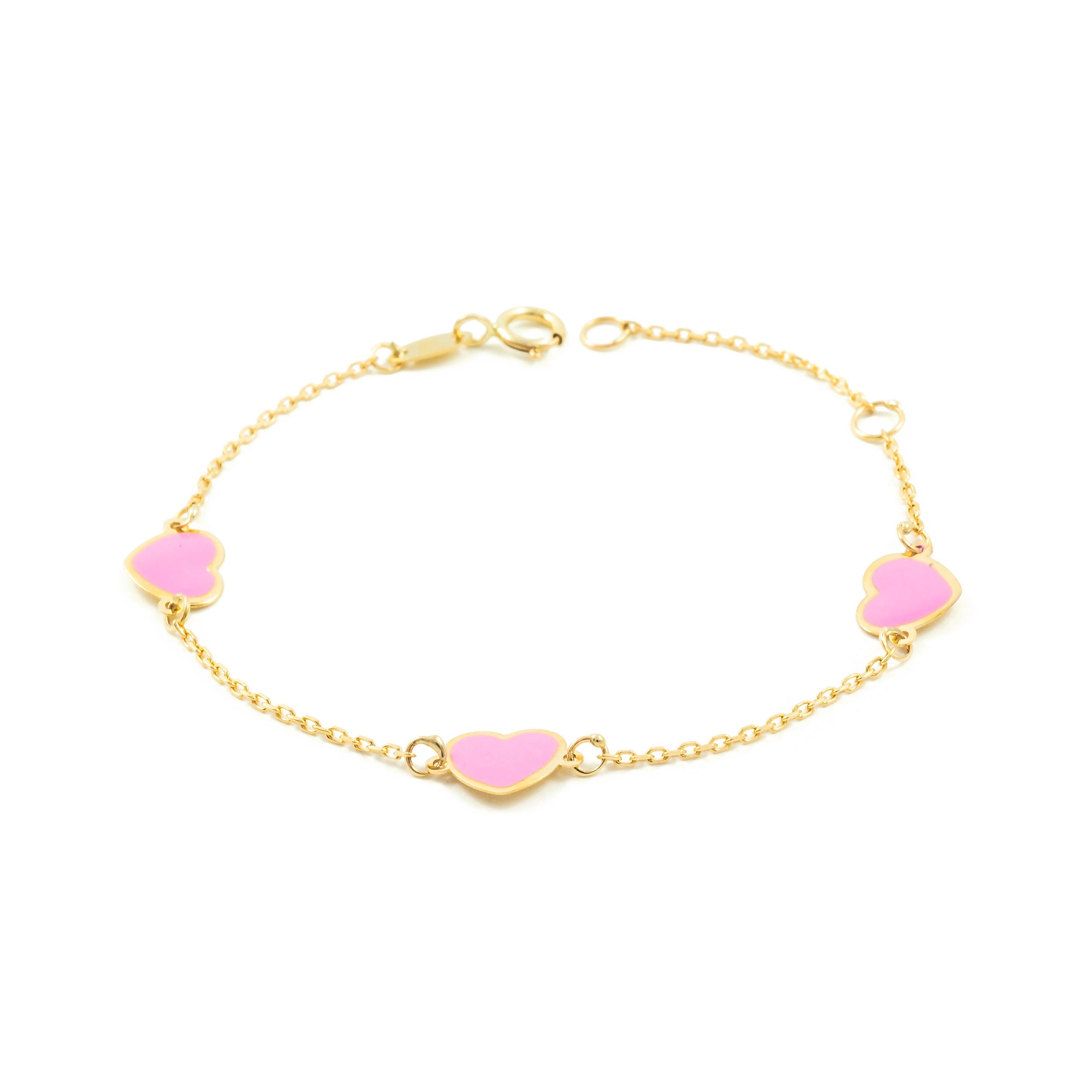 Pulsera Niña Oro Amarillo 9K Esmalte Corazón Rosa Brillo 14 cm