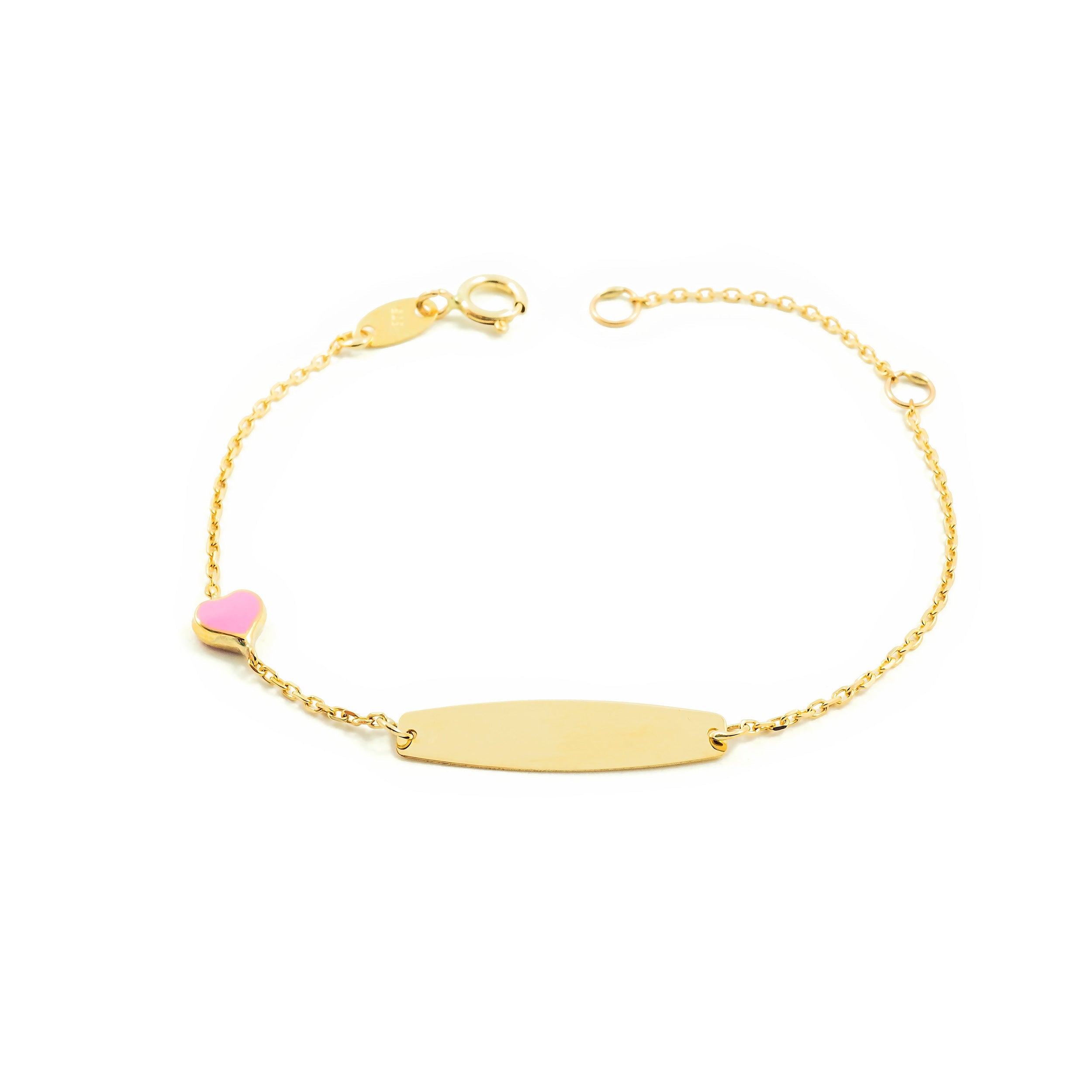 Pulsera Niña Oro Amarillo 9K Personalizada Esclava Corazón Rosa Brillo 14 cm