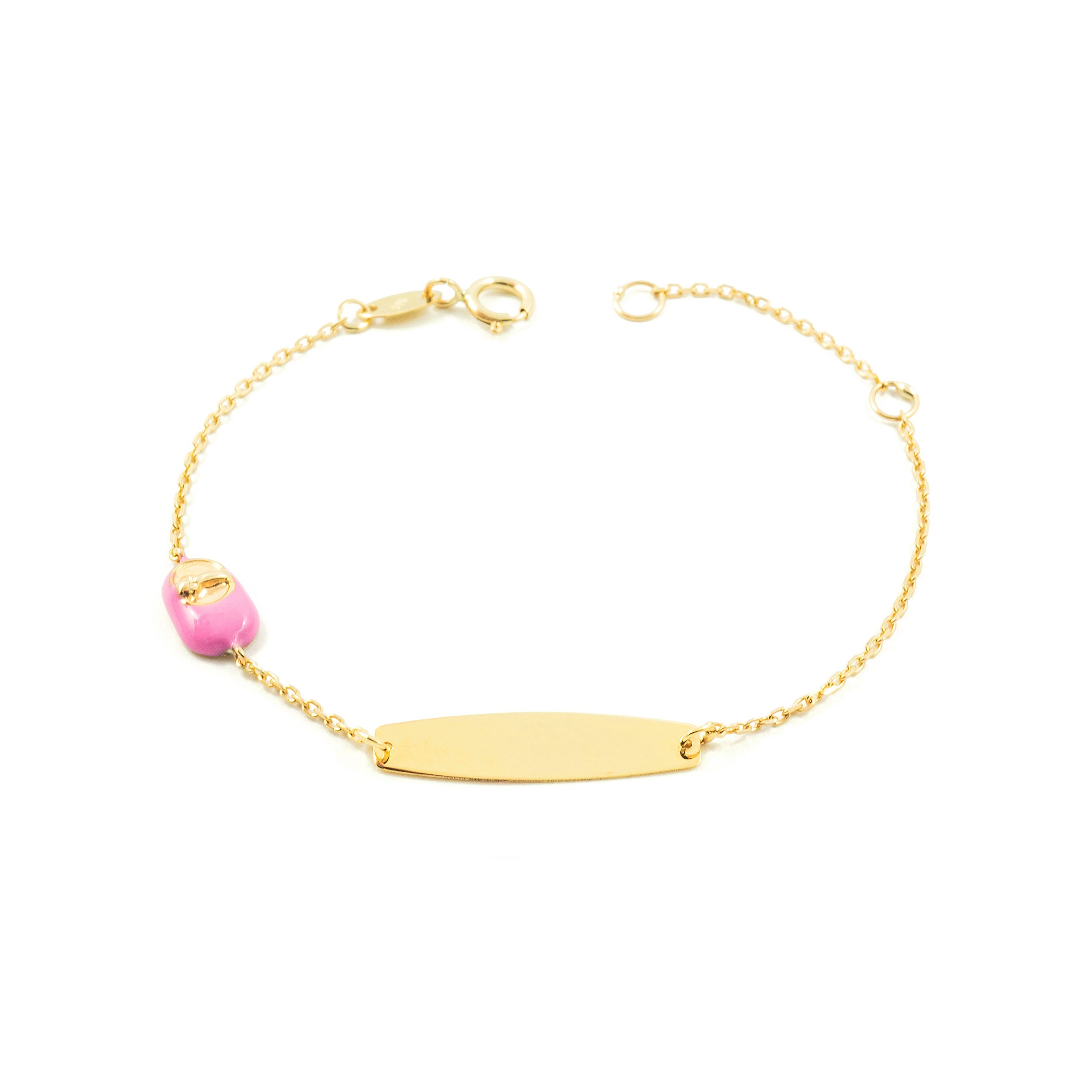 Pulsera Niña Oro Amarillo 9K Personalizada Esclava Zapato Rosa Brillo 14 cm